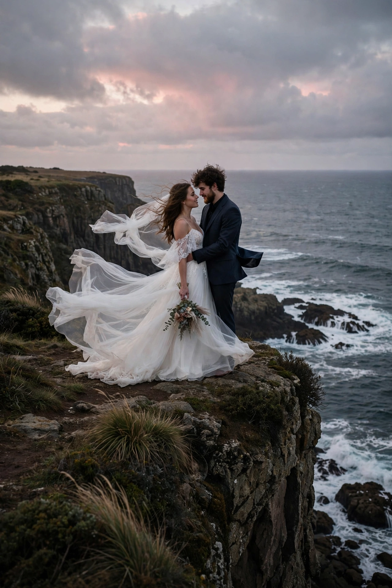 Eloping couple on a dramatic coastal cliff at dusk with waves below and soft pink-grey clouds