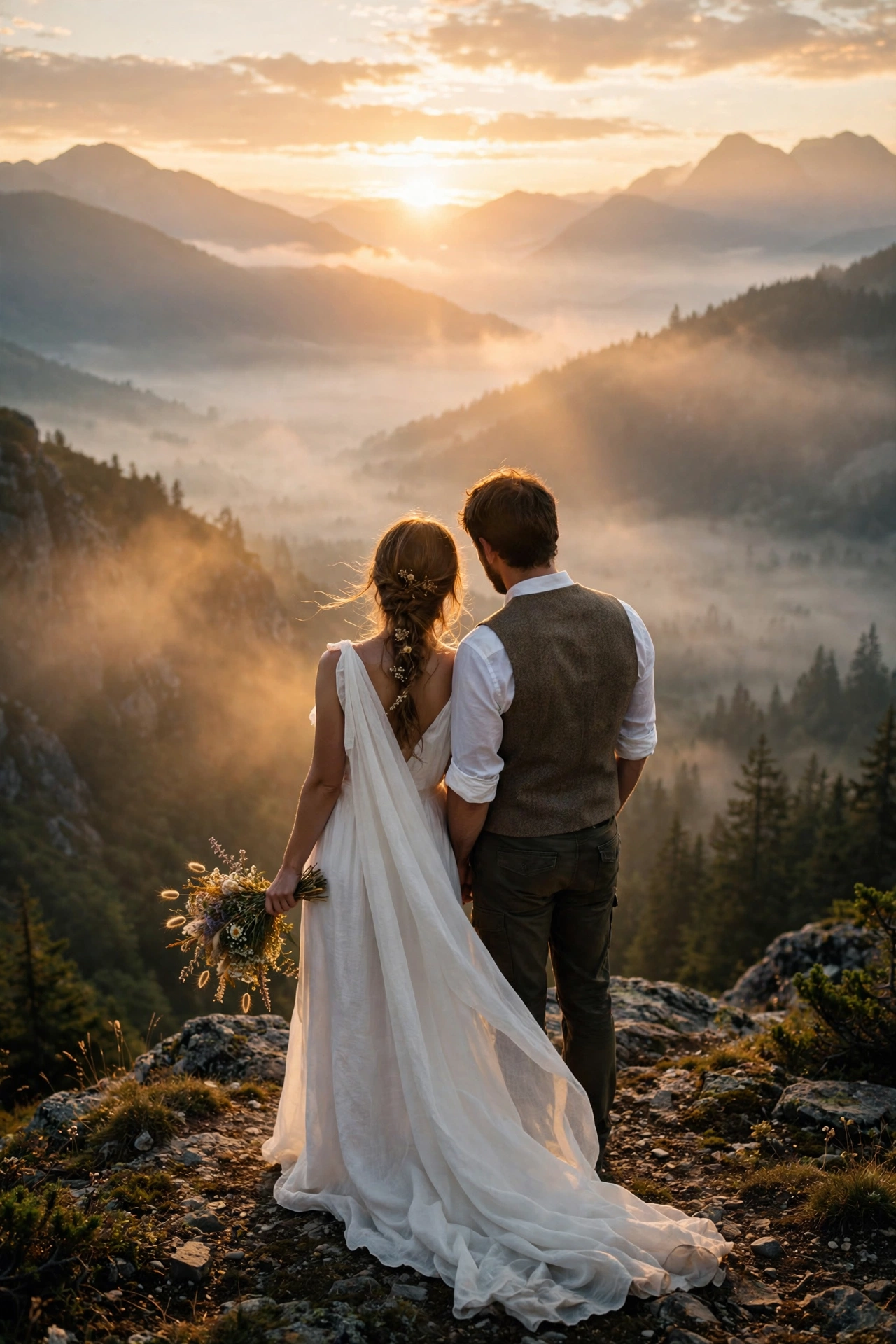 Eloping couple from behind on a mountain overlook at sunrise, bride holding wildflowers with mist in the valley below
