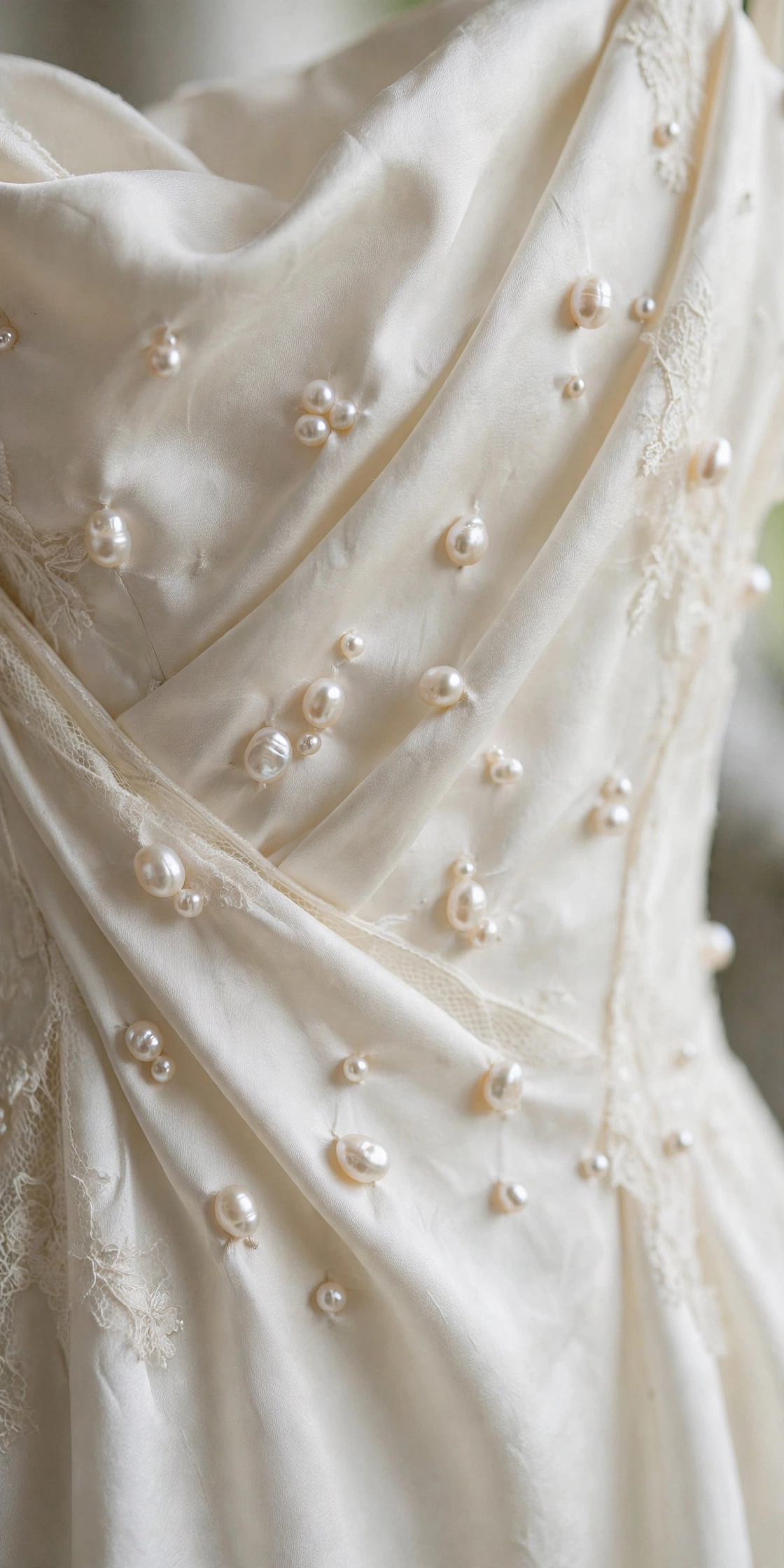 Bridal dress with scattered pearl embellishments on the bodice