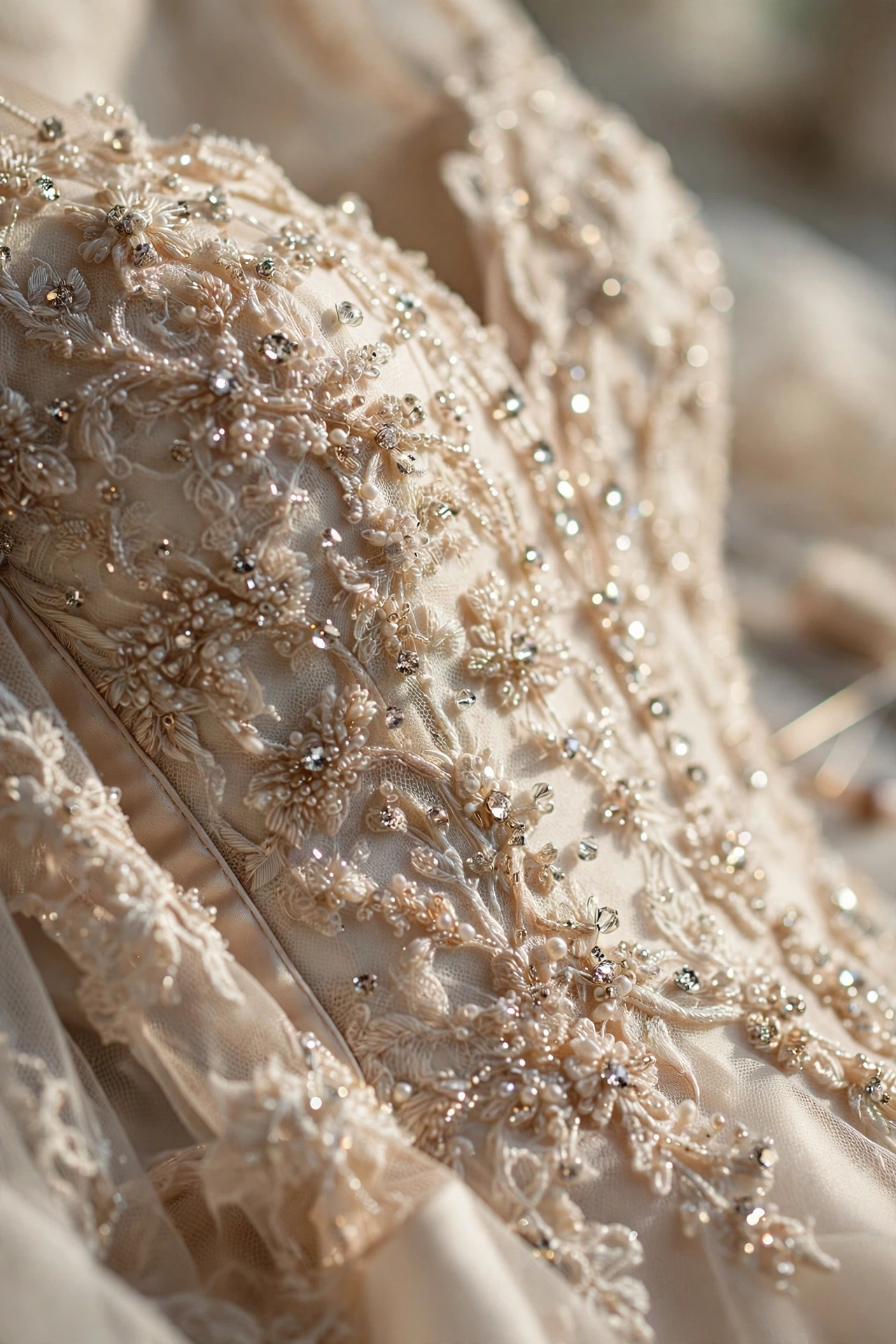 Close-up of a wedding dress bodice with intricate hand beading and crystal details