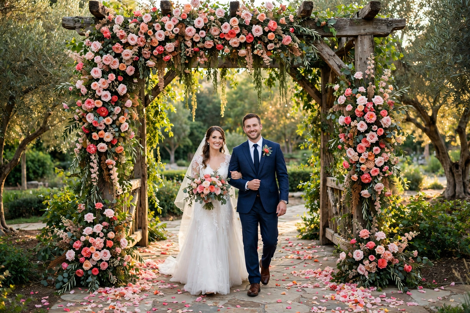 Grand floral gate entrance at a wedding with a couple walking through, daytime
