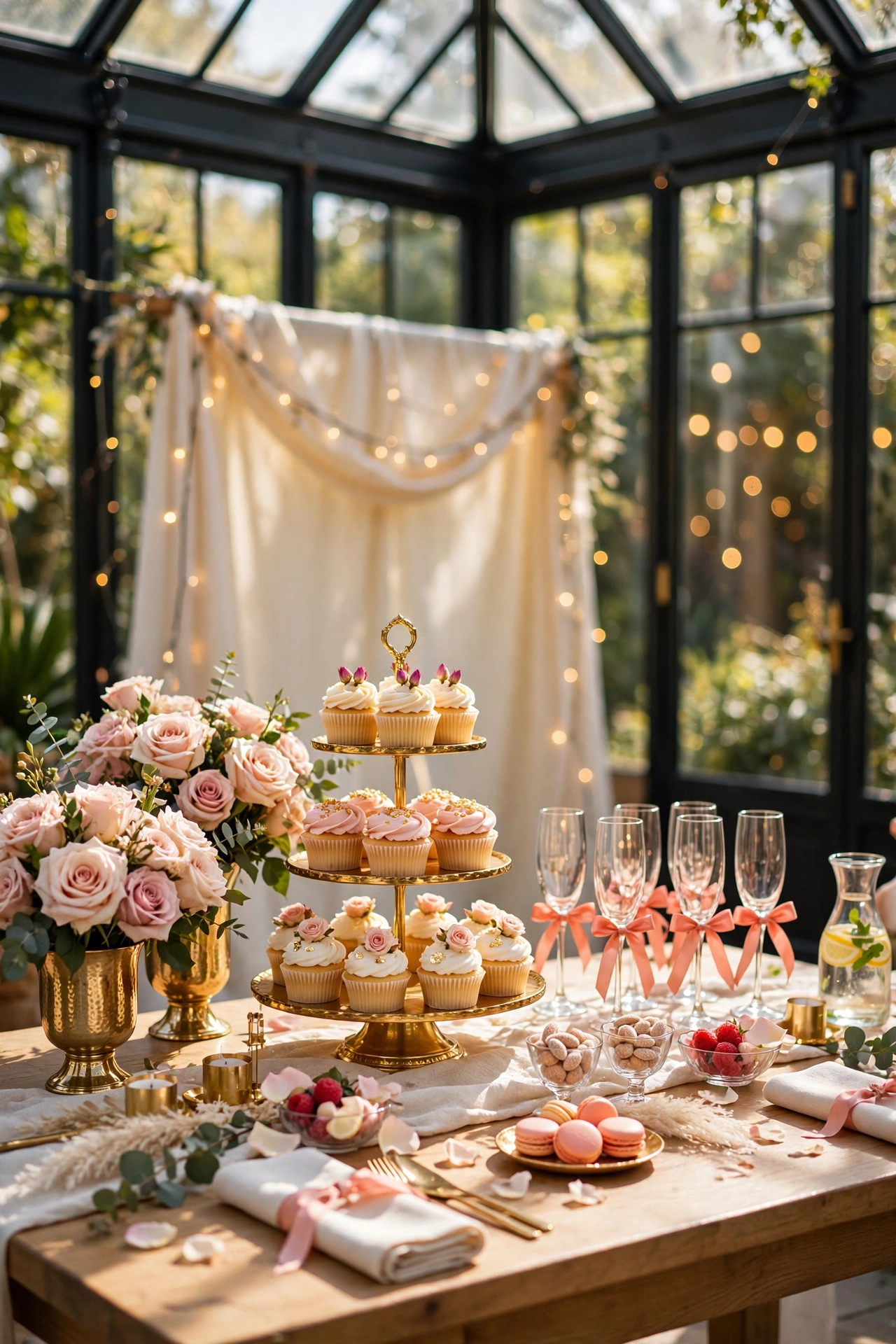 Elegant engagement party drink station with gold cupcake stand, blush roses and champagne glasses