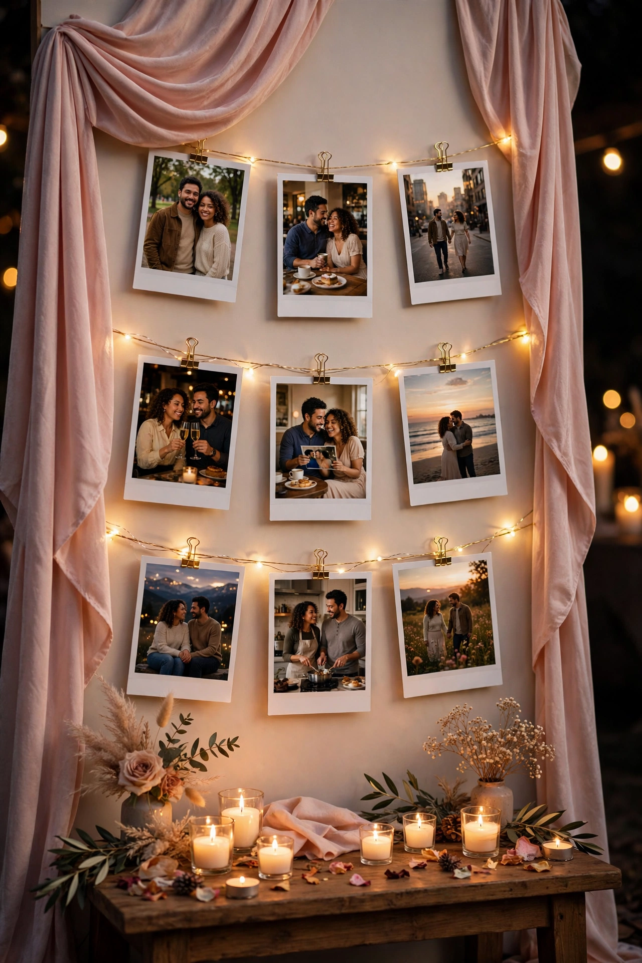 Cozy engagement party photo wall with polaroid couple photos on gold wire and fairy lights
