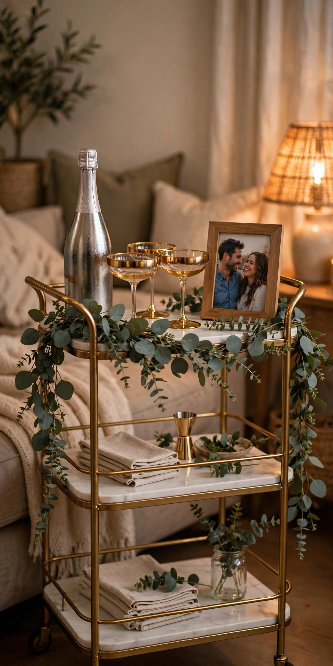 Elegant at-home engagement party cocktail corner with bar cart, champagne and eucalyptus garland