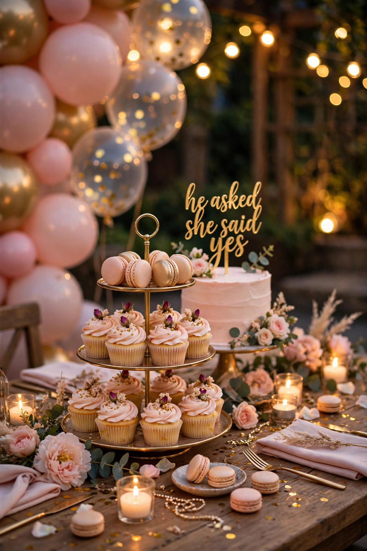 Engagement party dessert table with cake and pastel sweets