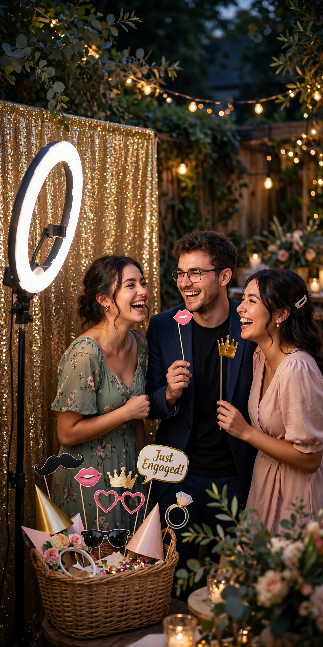 Fun engagement party photo booth with props and sequin backdrop