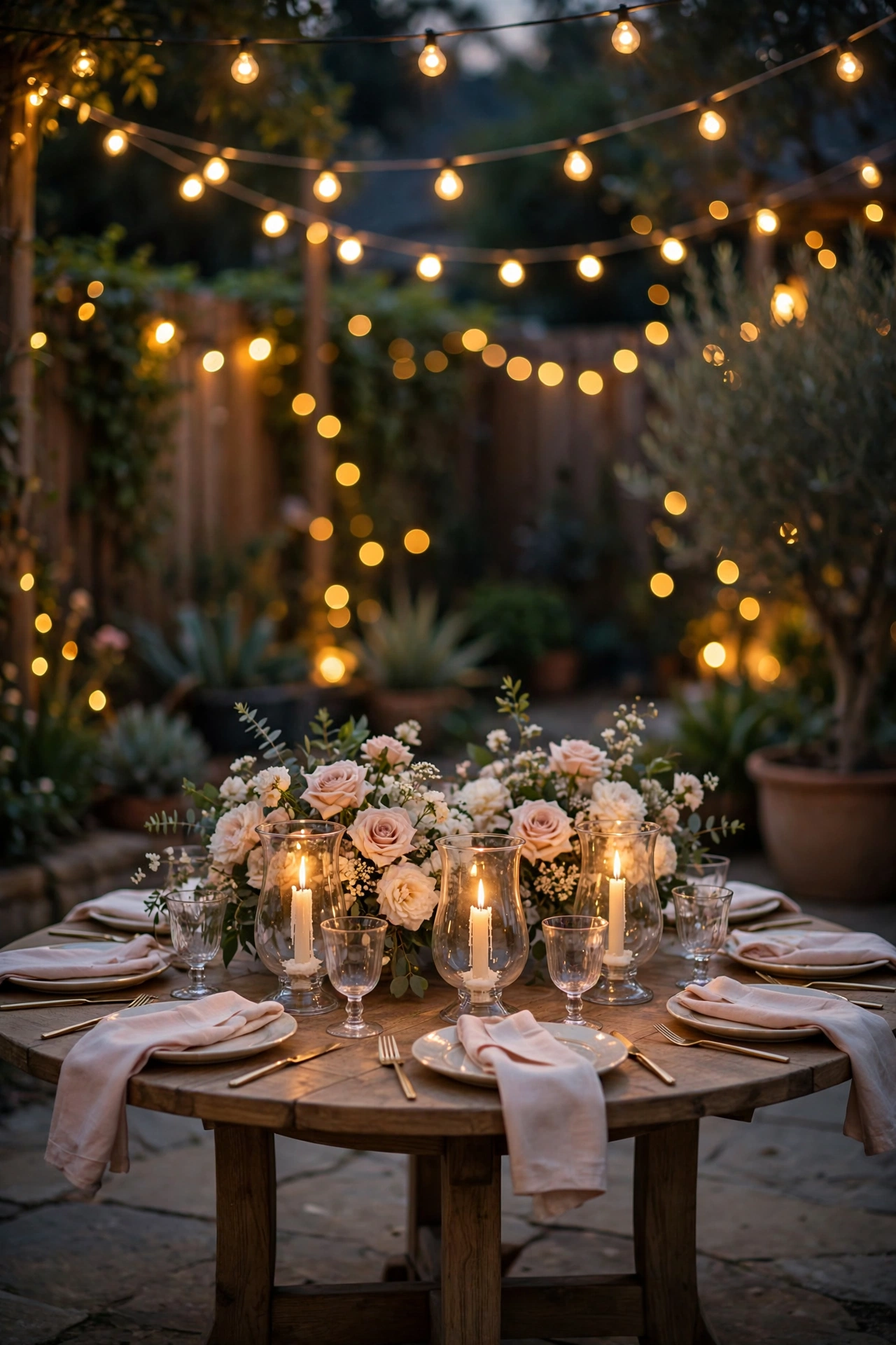 Intimate backyard engagement party table at dusk with blush roses, candles and string lights