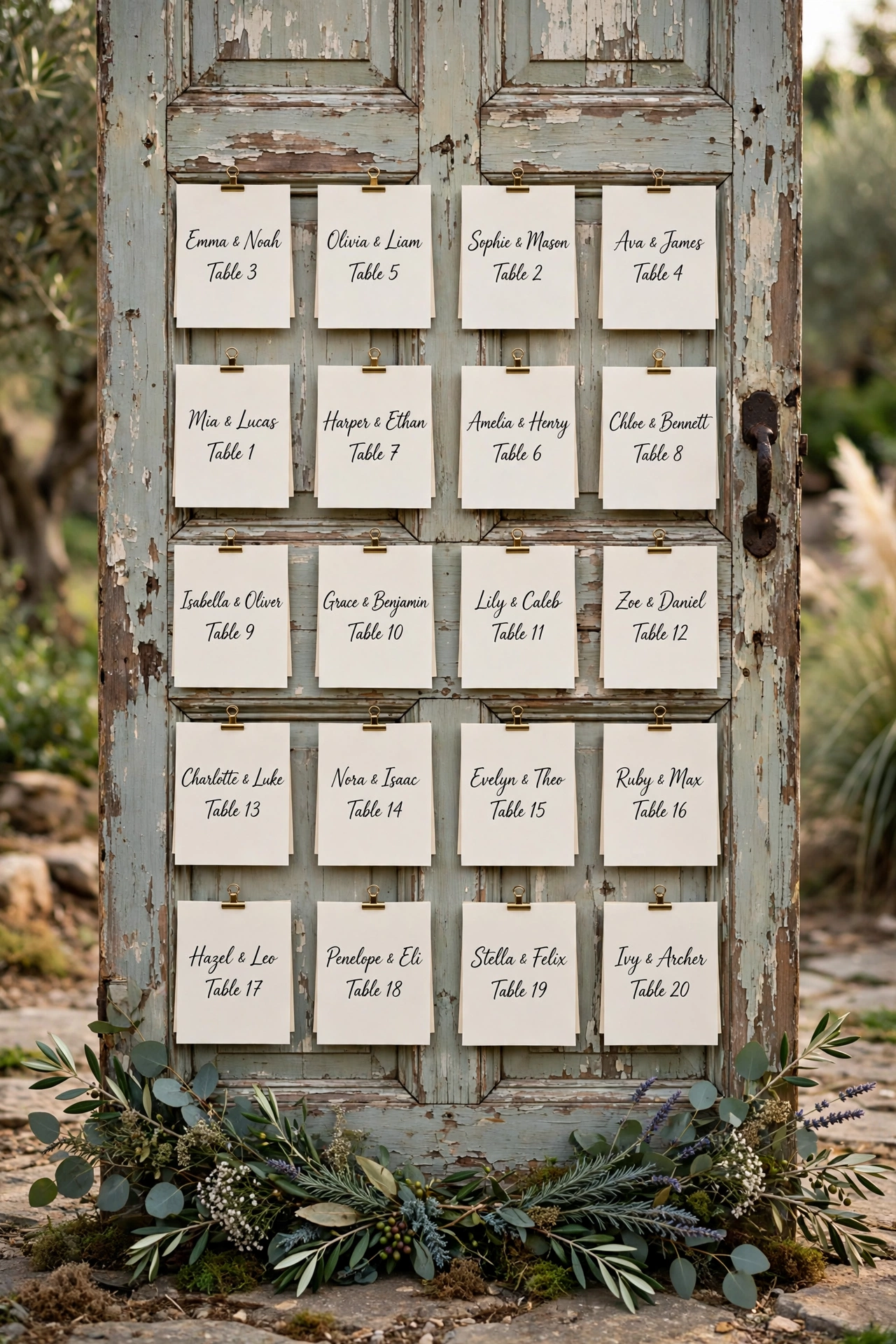 Vintage wooden door decorated as wedding escort card display with pinned cards