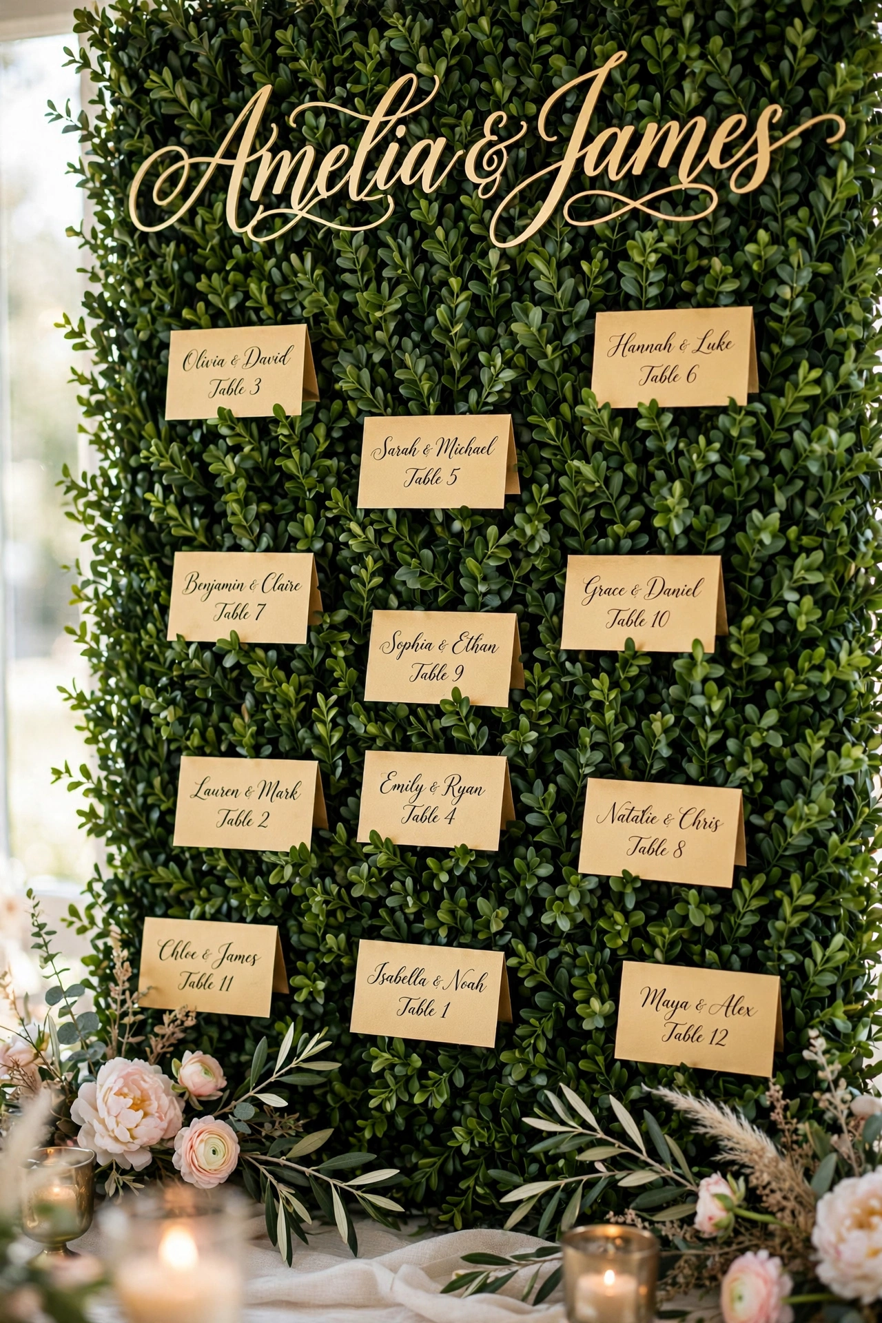 Wedding escort card display on a lush greenery wall with gold calligraphy cards