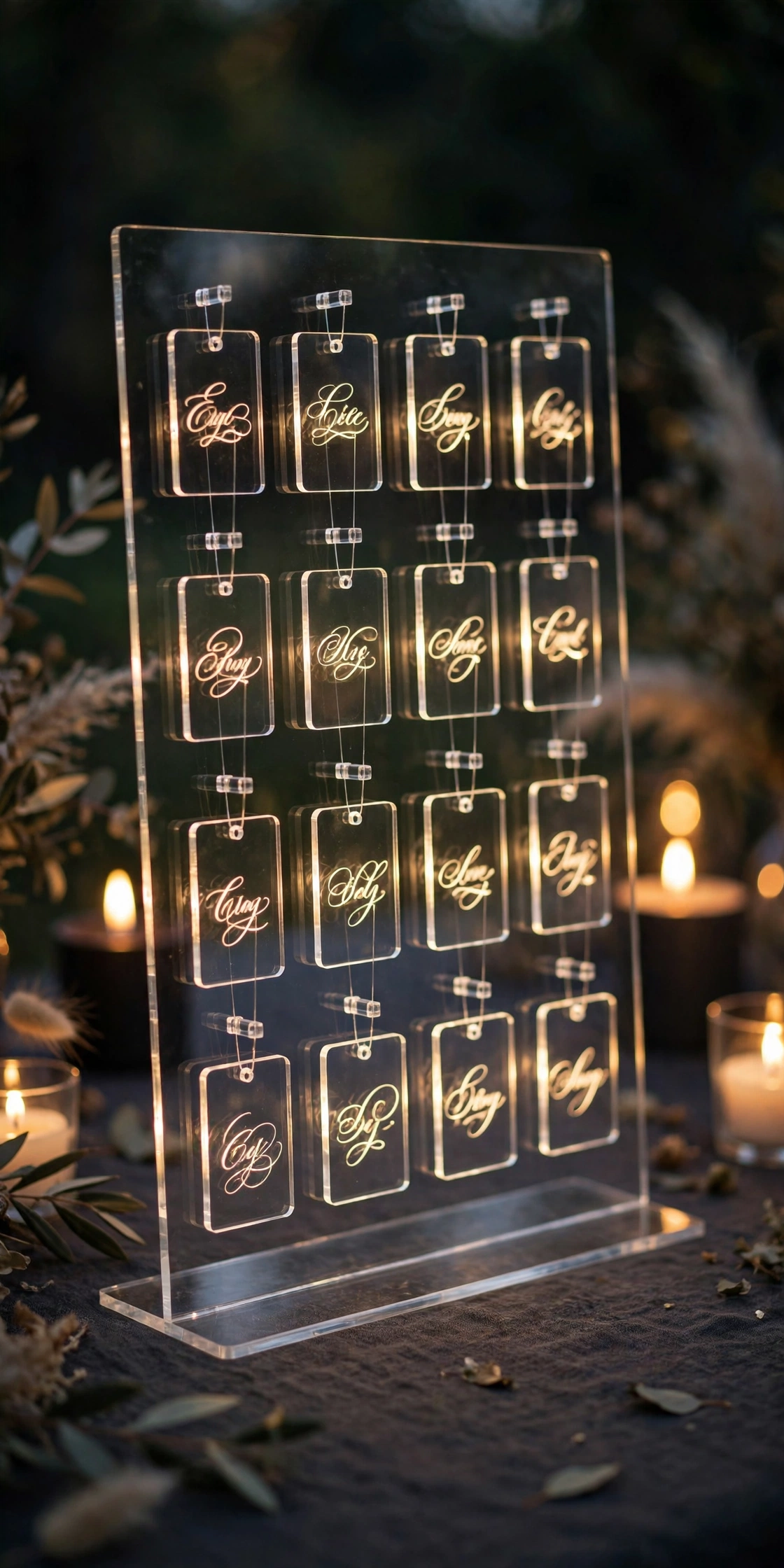 Acrylic escort card panel with gold calligraphy glowing in evening candlelight