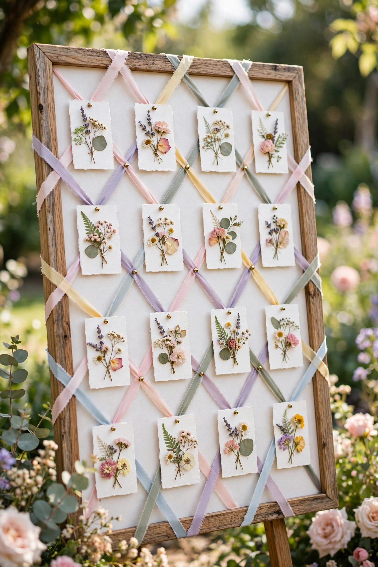 Ribbon pin board escort display with floral cards in a sunny garden
