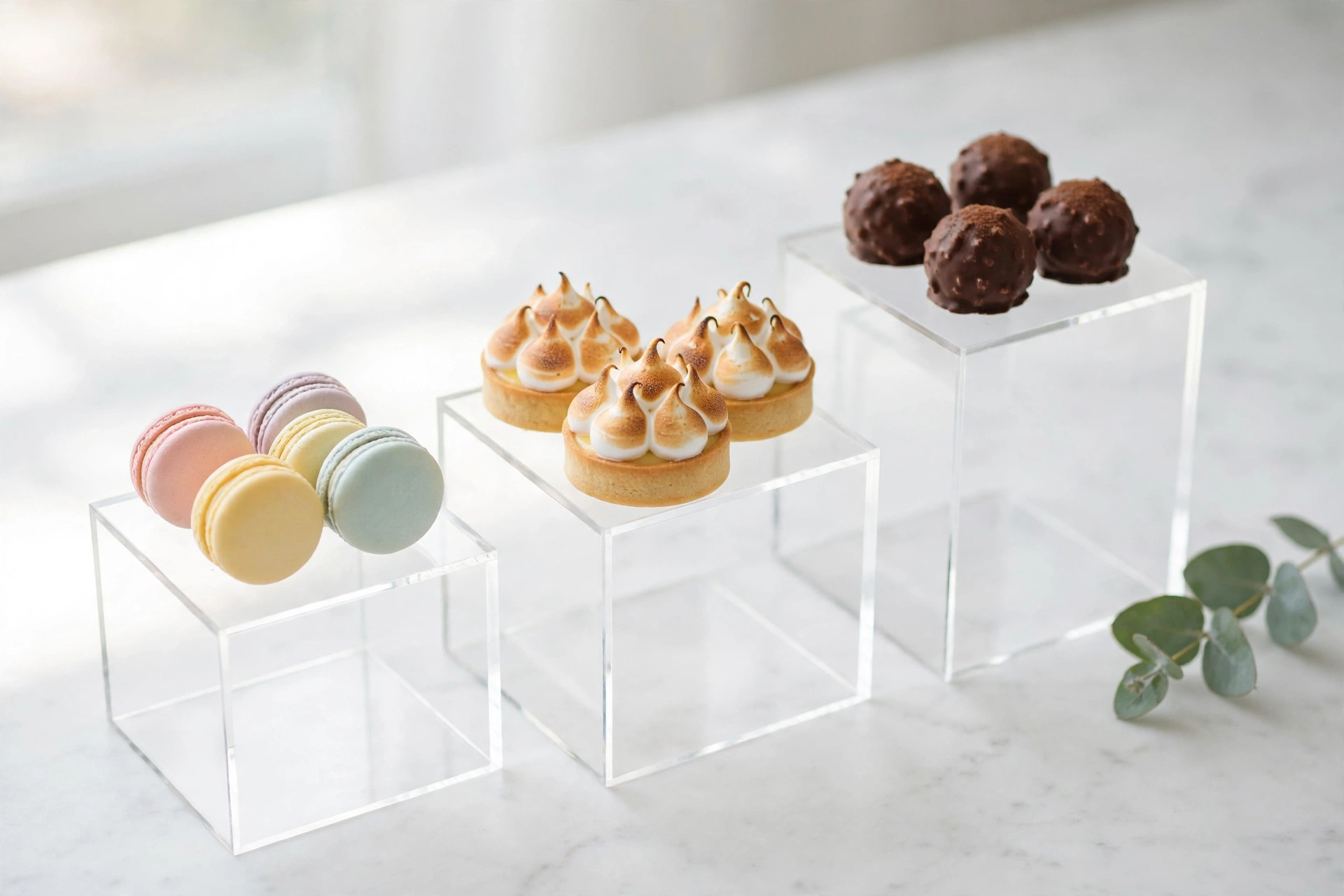 Clear acrylic risers displaying pastel macarons, torched meringue tarts and chocolate truffles on white marble