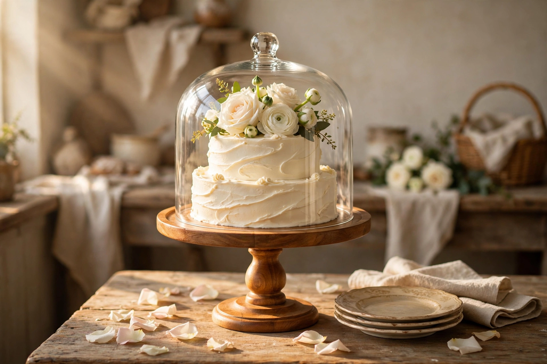 Turned wooden cake stand with white buttercream cake under glass cloche and white roses in warm morning light