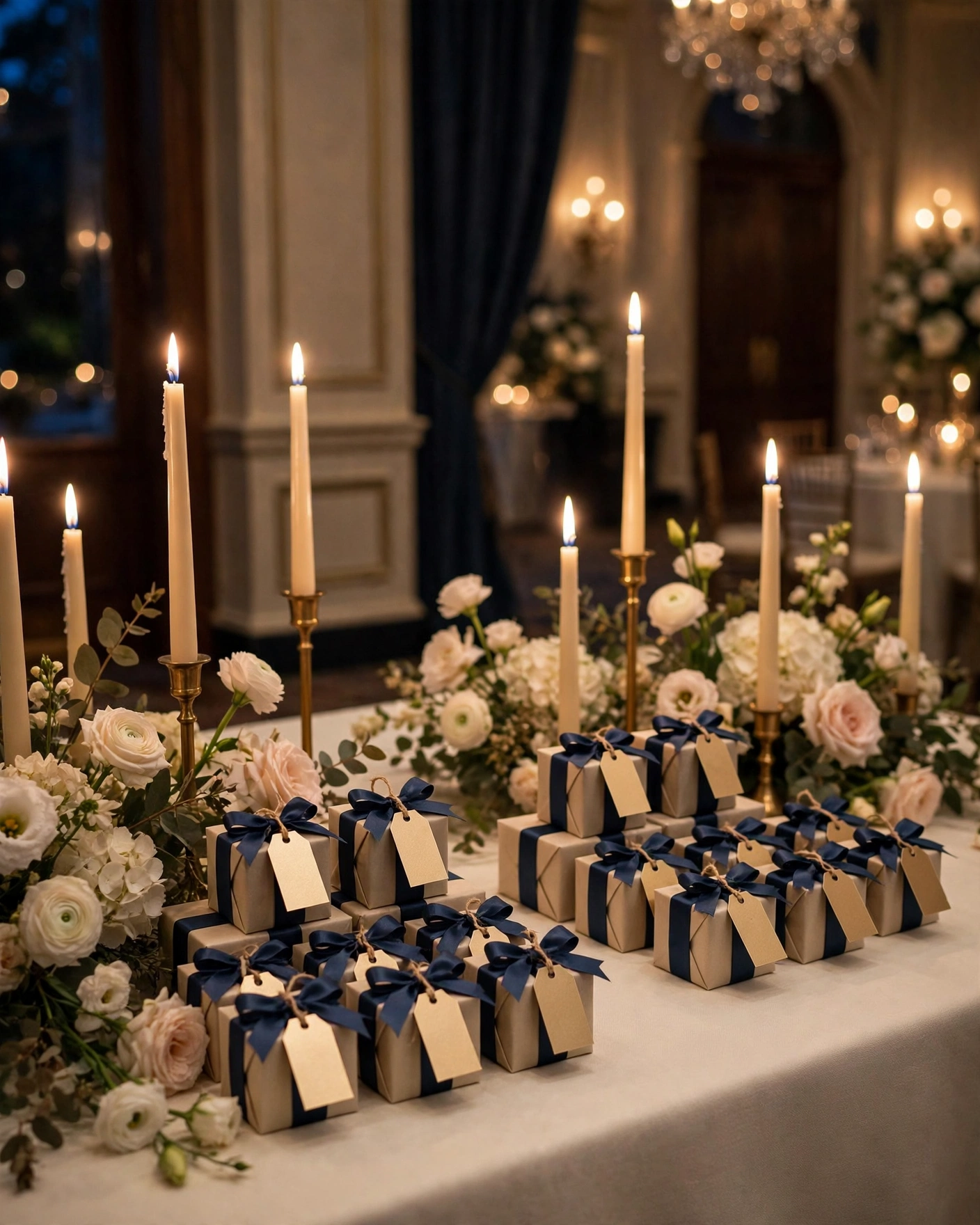 Elegant rehearsal dinner favor boxes with navy ribbon and champagne-gold tags on an ivory ballroom table