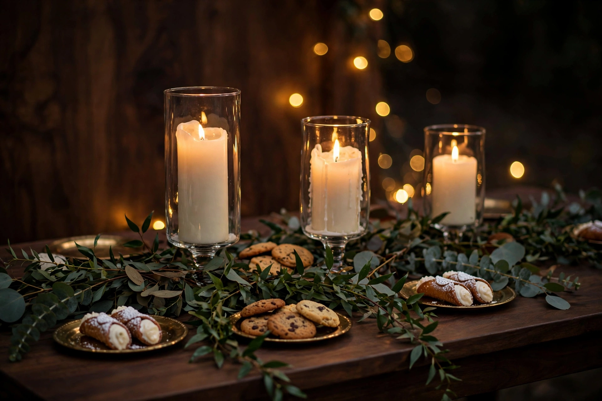 Pillar candles in glass hurricanes at varying heights with eucalyptus garland, cannoli and cookies on a dark wood dessert table