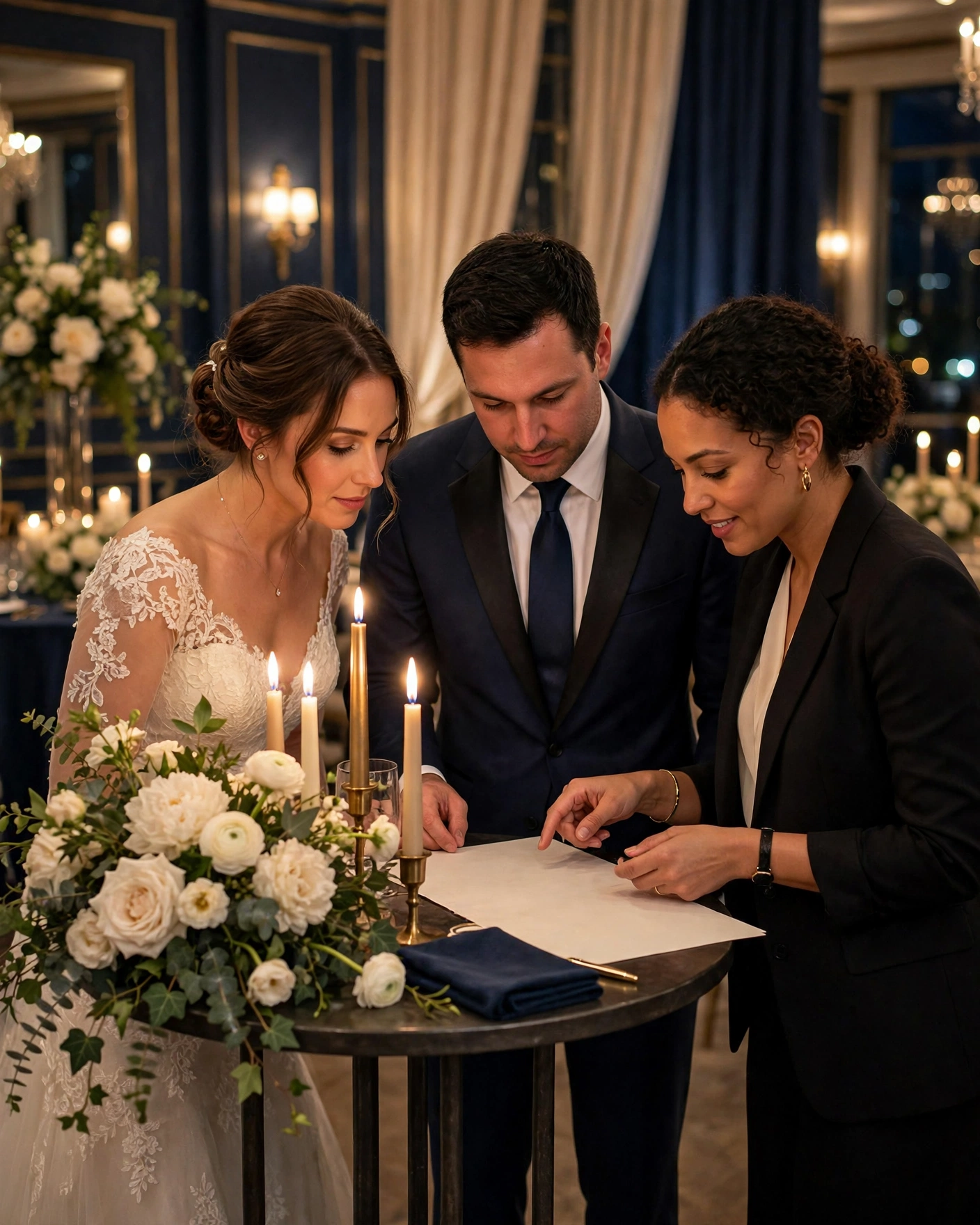 Couple and planner reviewing a printed rehearsal dinner timeline at a candlelit ballroom cocktail table