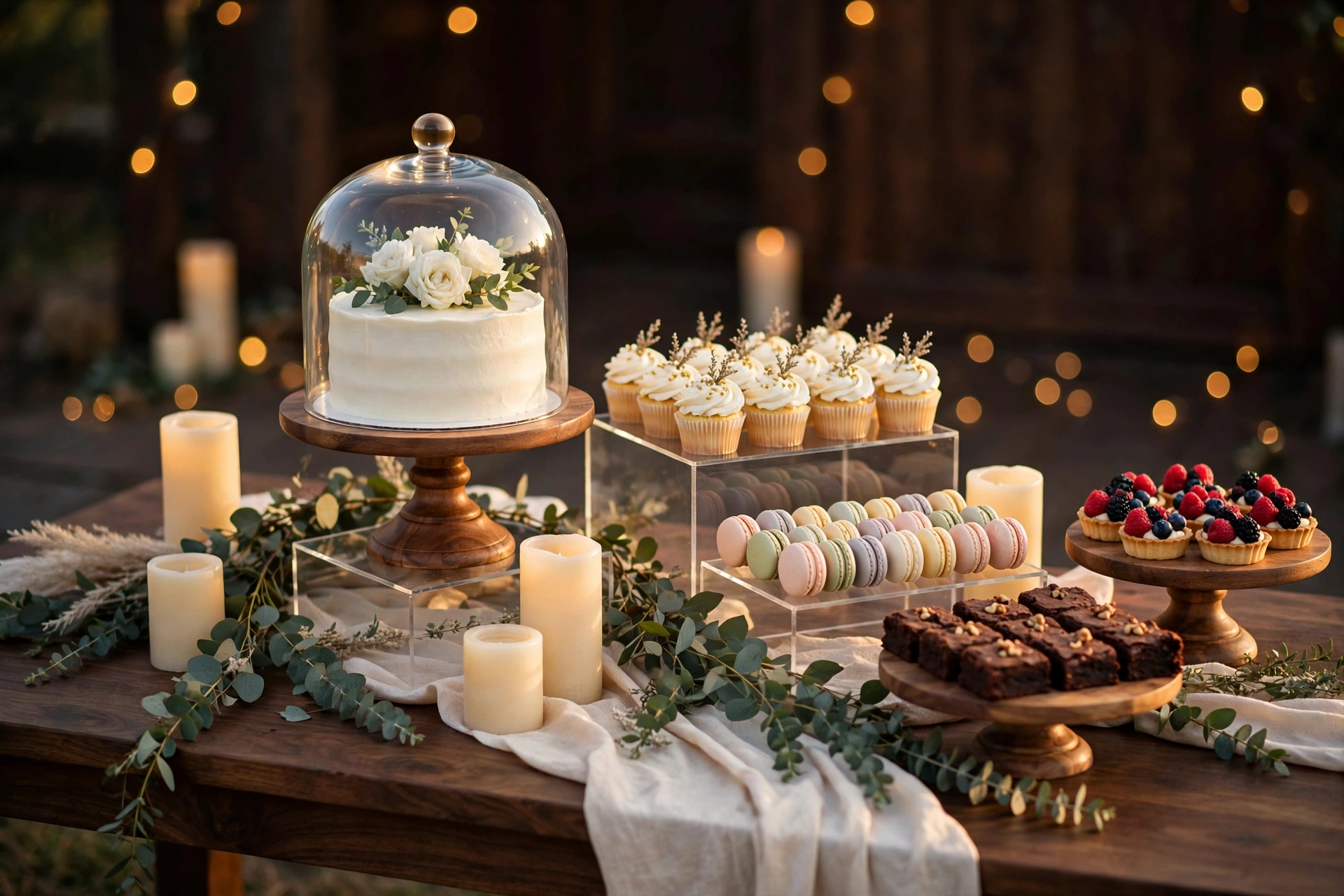 Rustic-chic wedding dessert table with white cake under glass cloche, cupcakes on acrylic risers, candles and eucalyptus garland