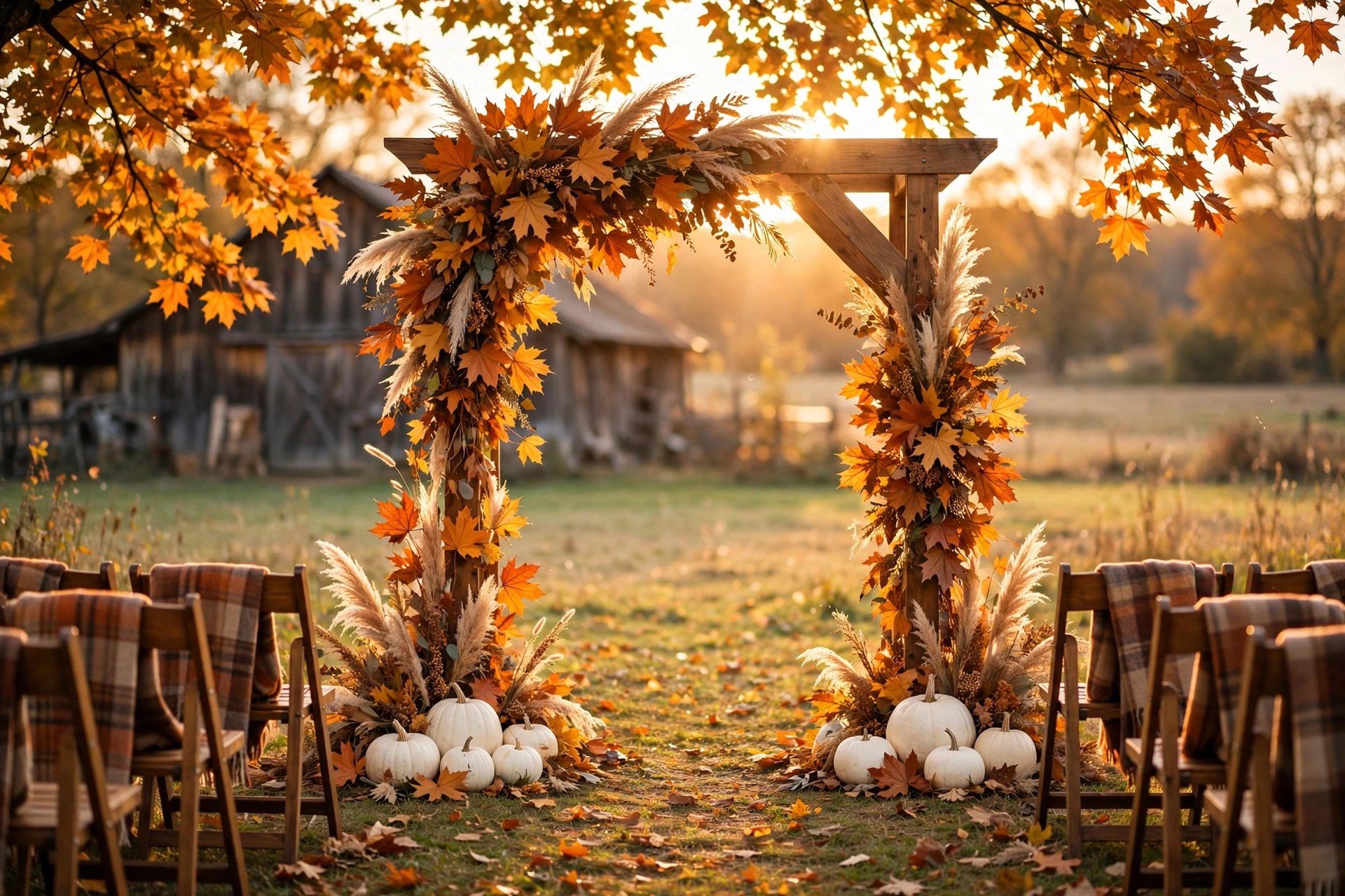 Cozy fall wedding reception table with pumpkins candles and autumn florals