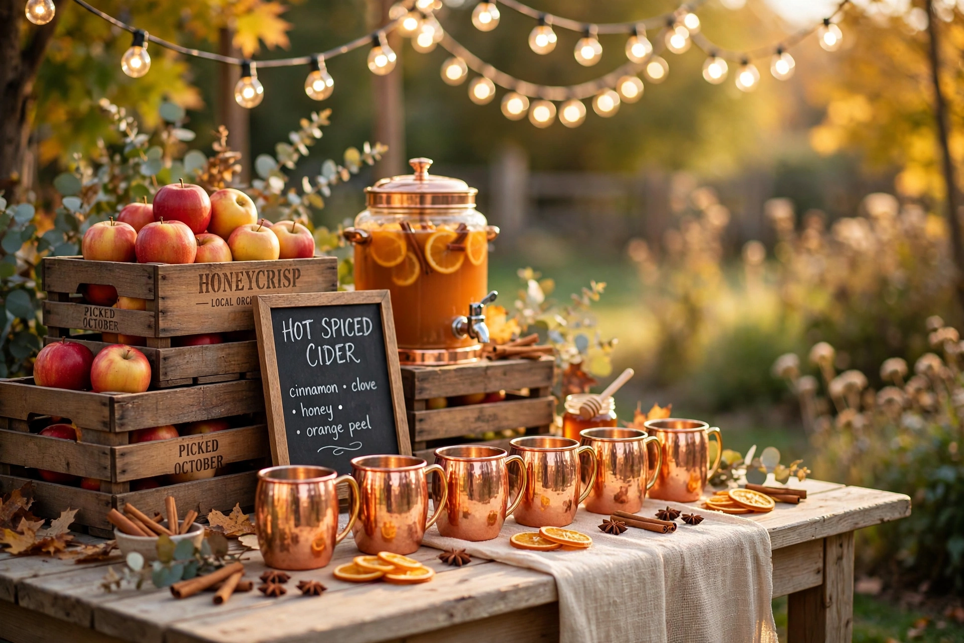 Cozy outdoor fall wedding lounge with fire pit plaid blankets and string lights