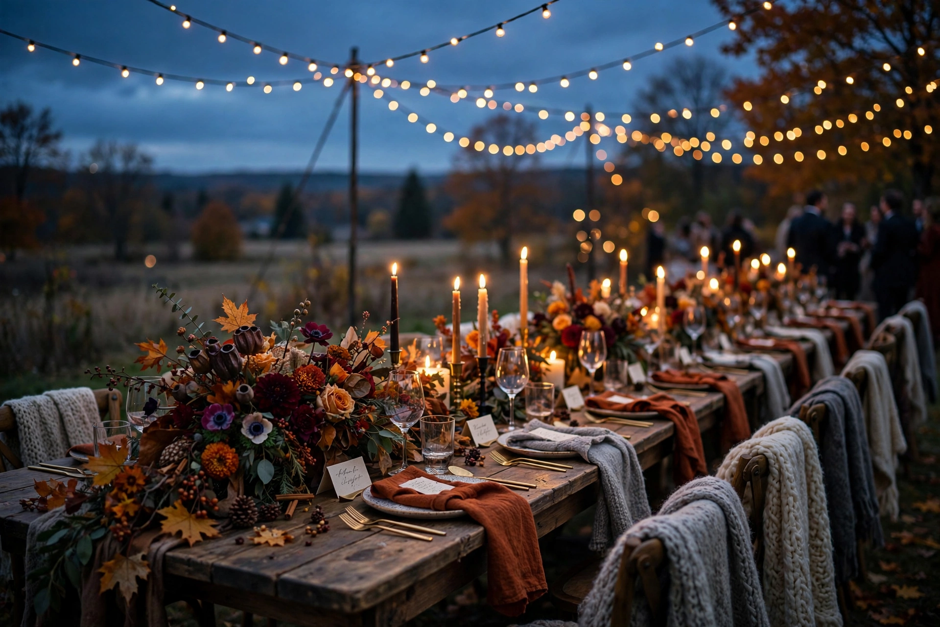 Cozy fall wedding favors with mini plaid blankets and cinnamon candles