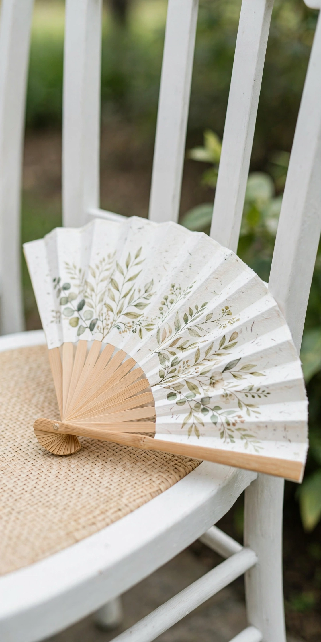 Calligraphy wedding program fan resting on a white ceremony chair in daylight