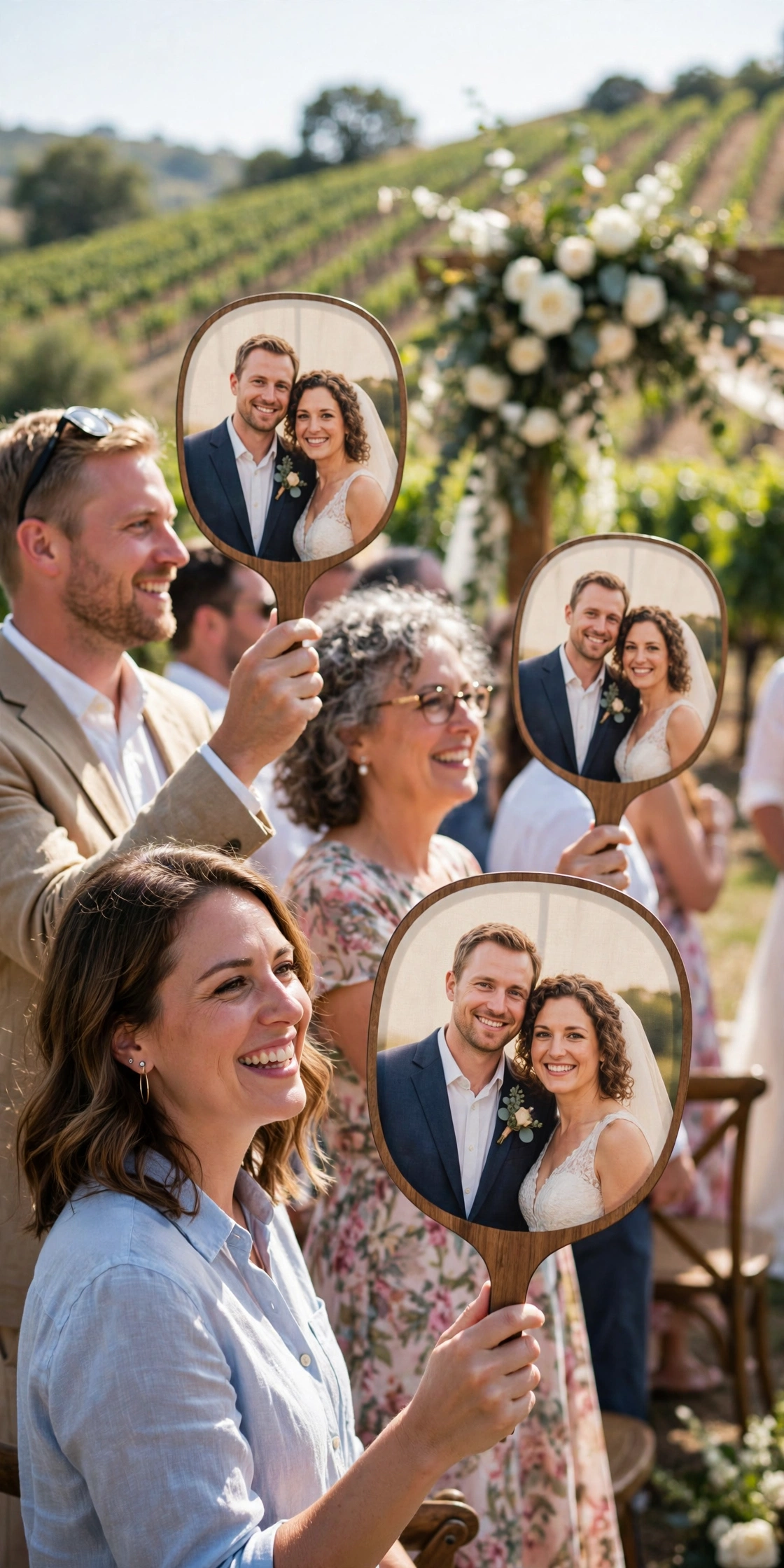 Paddle program fans with couple photo at a bright vineyard ceremony