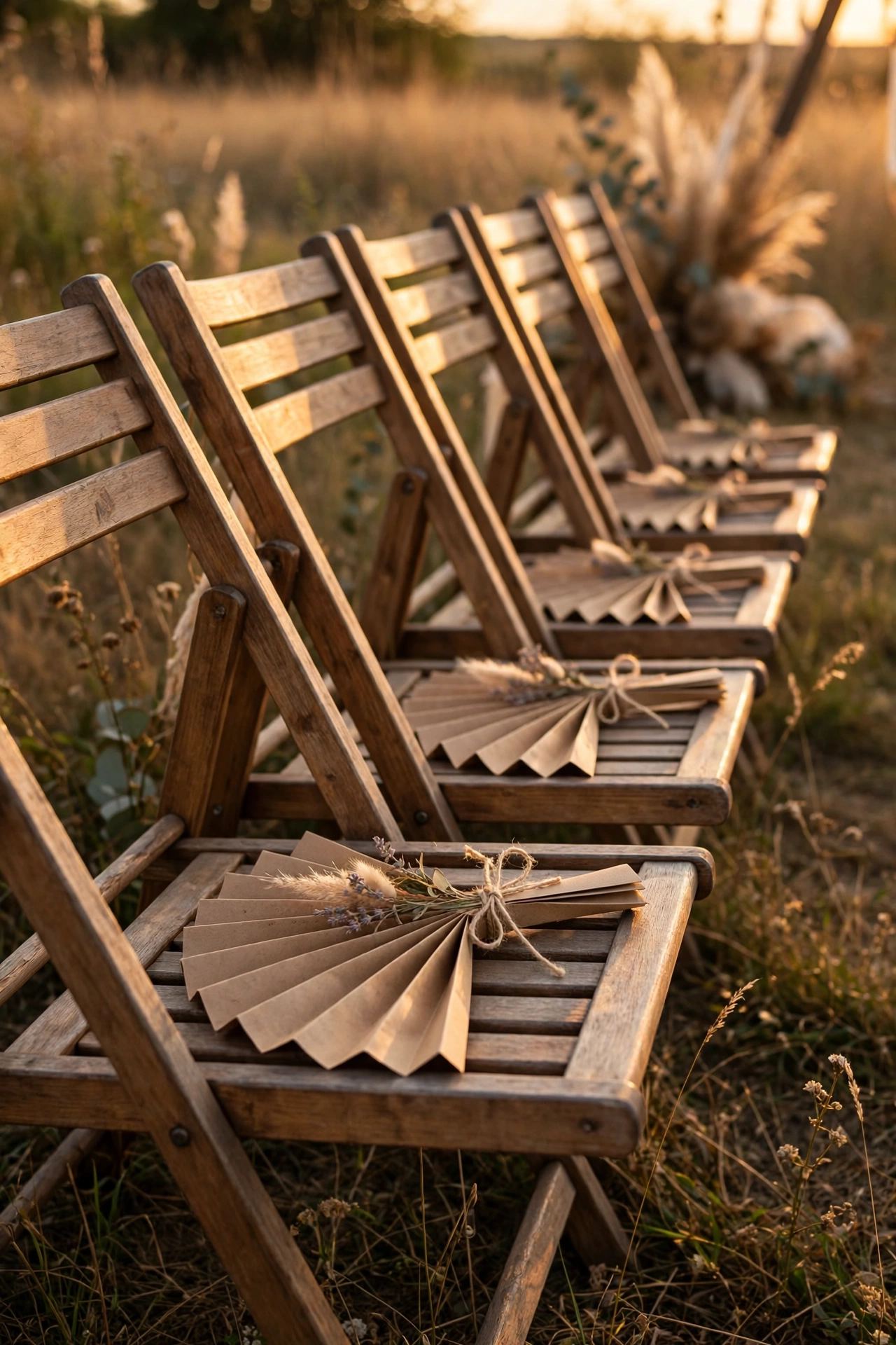 Kraft paper program fans tied with ribbon on lawn chairs at golden hour