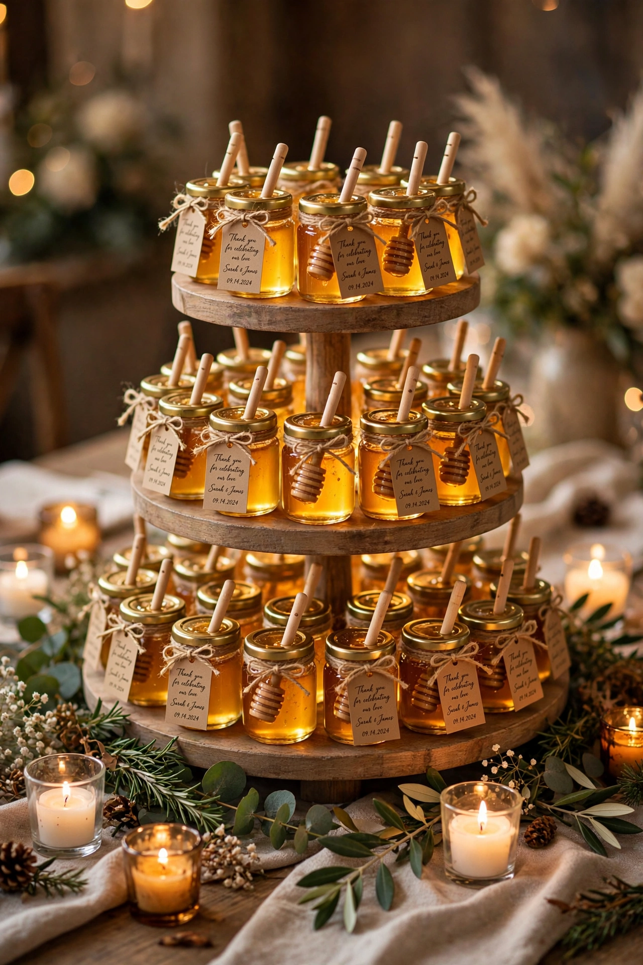 Tiered display of mini honey jars as wedding favors with candles