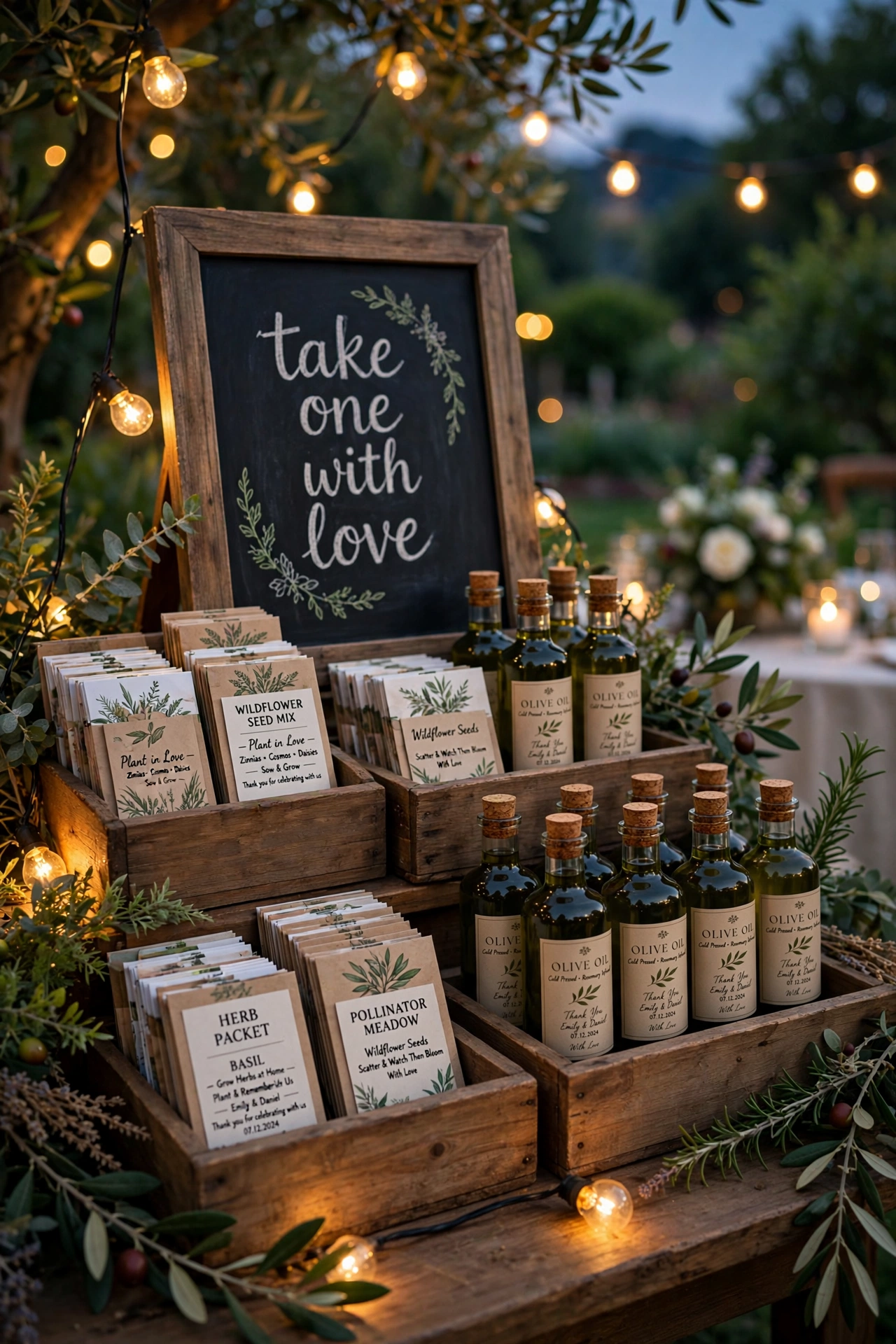 Wedding favor station with wooden crates, seed packets and olive oil bottles