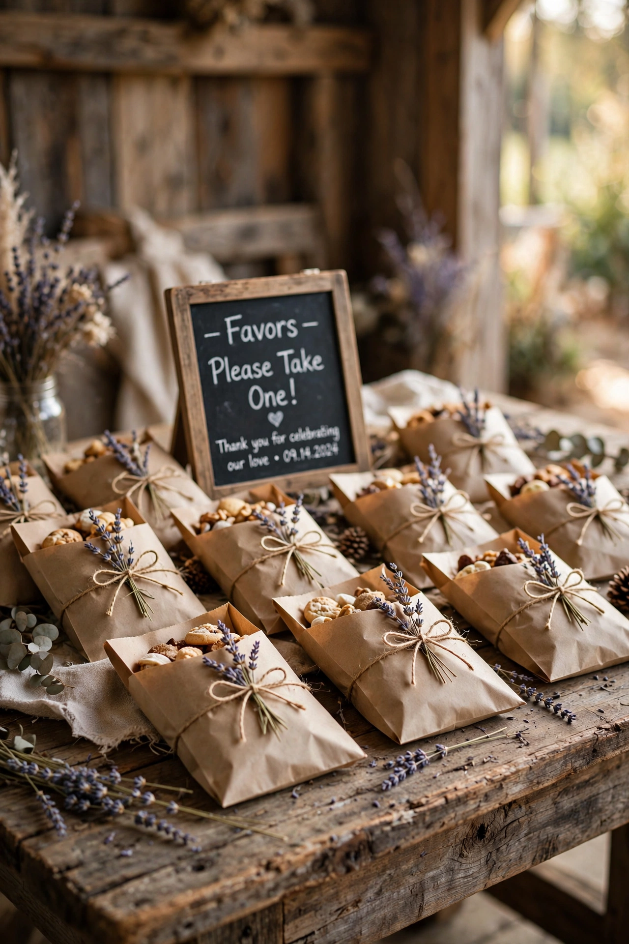 Rustic wedding favor table with kraft bags, dried flowers and twine