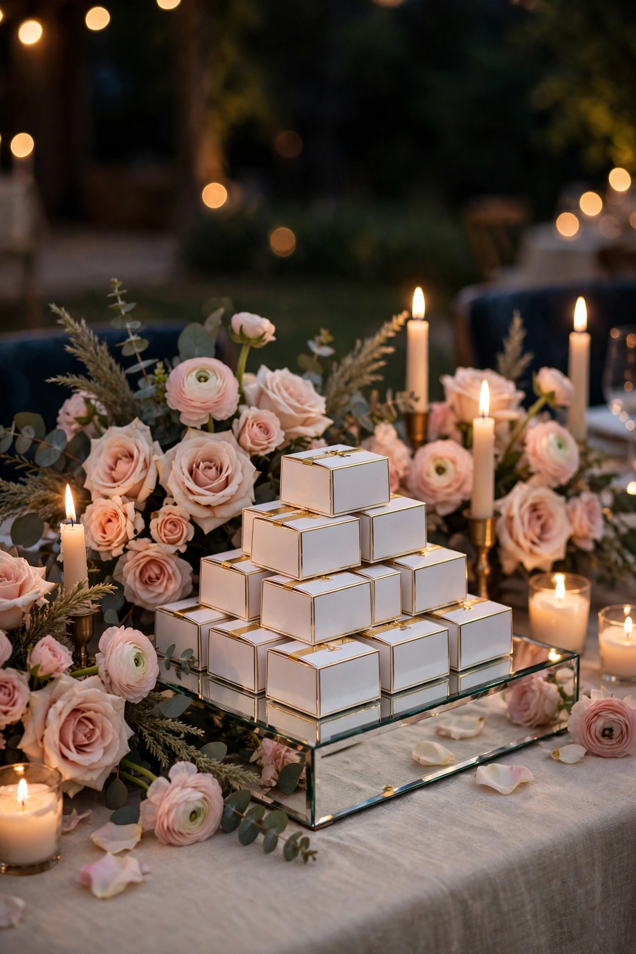 Elegant wedding favor table with gold-trimmed favor boxes, candles and blush florals in evening glow