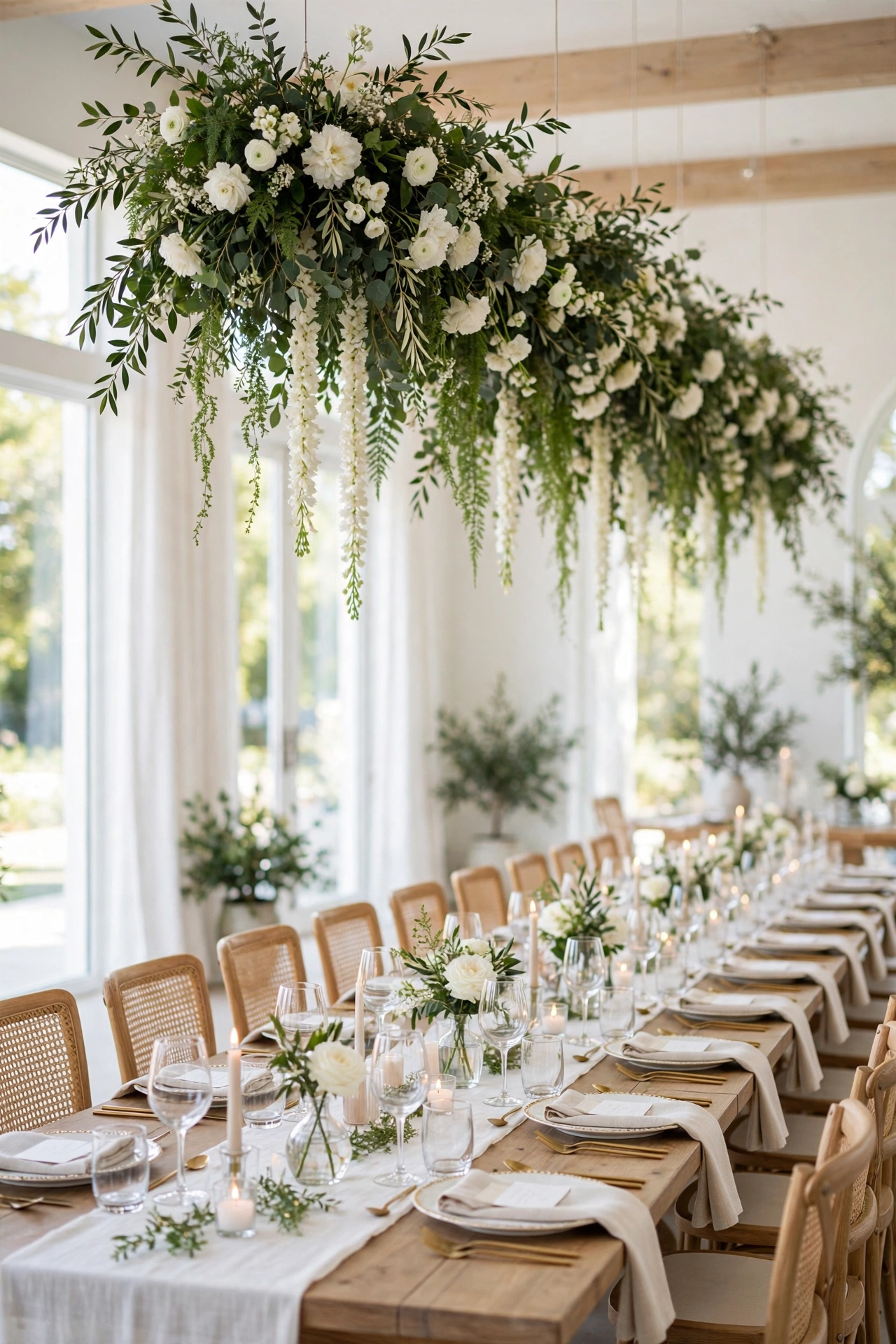 Wedding reception table with suspended greenery and flower garland above