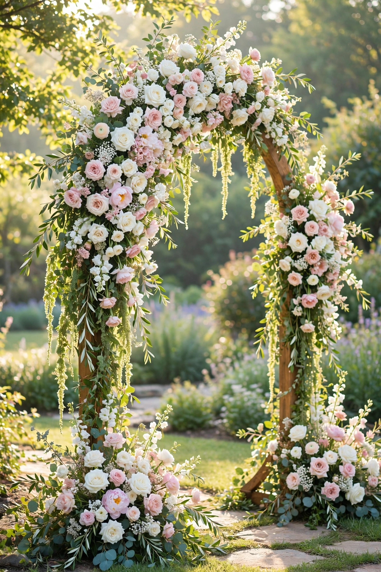 Outdoor wedding ceremony arch covered in cascading white and blush flowers