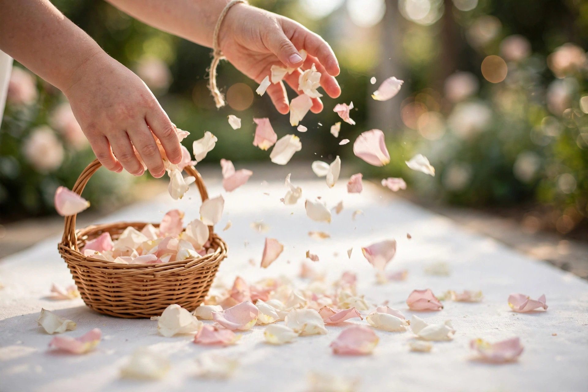 Flower girl in an ivory tulle ballgown scattering blush rose petals down a sunlit wedding aisle