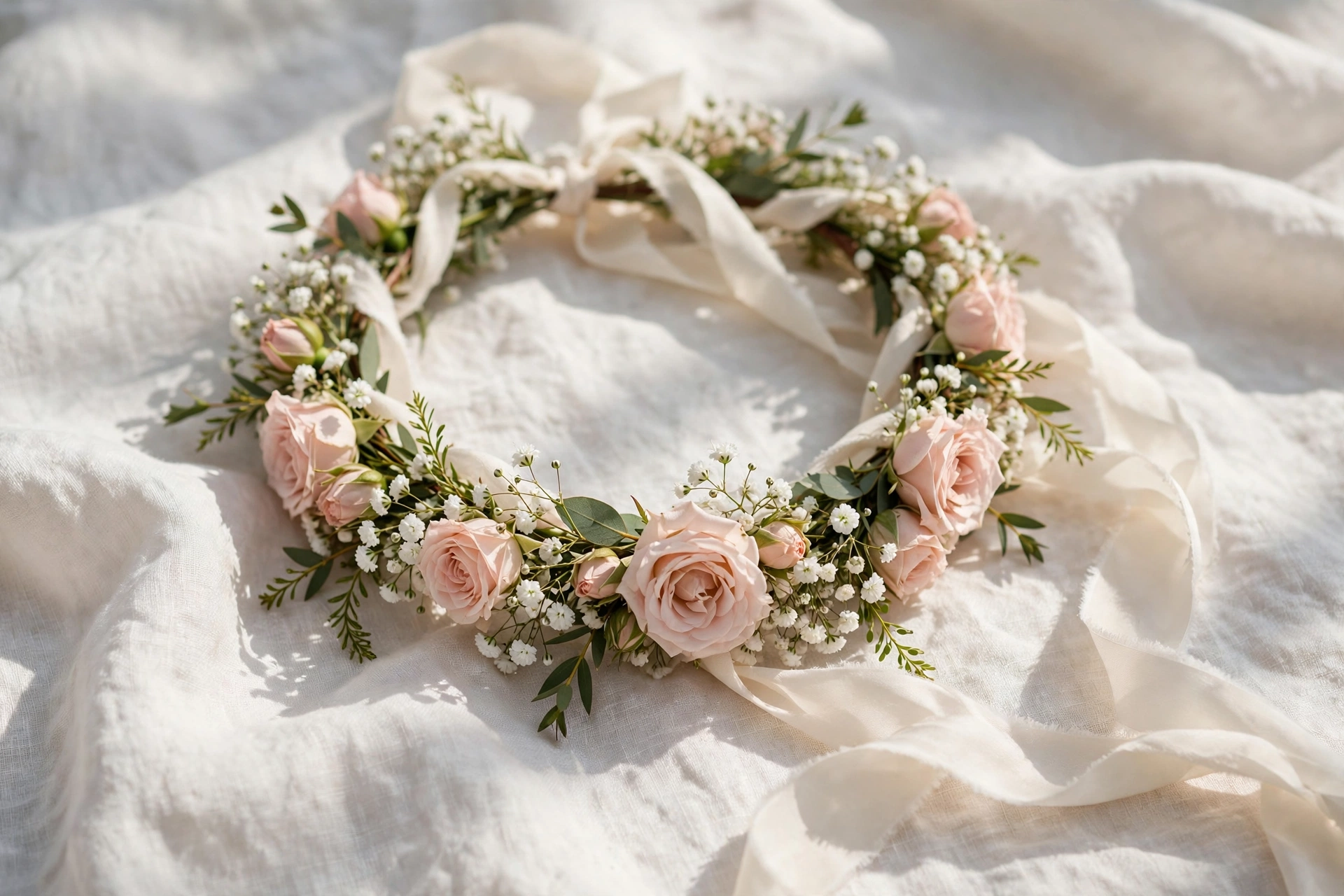Delicate blush floral crown with baby's breath resting on ivory linen beside a lace flower girl dress