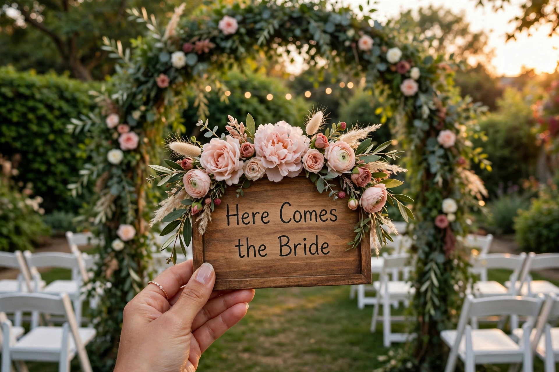 Flower girl in a satin dress holding a floral Here Comes the Bride sign at a garden ceremony entrance