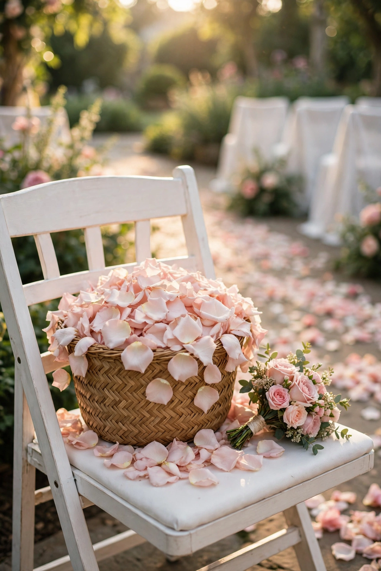 Flower girl in an ivory tulle dress with a basket of blush rose petals at a sunlit garden wedding ceremony