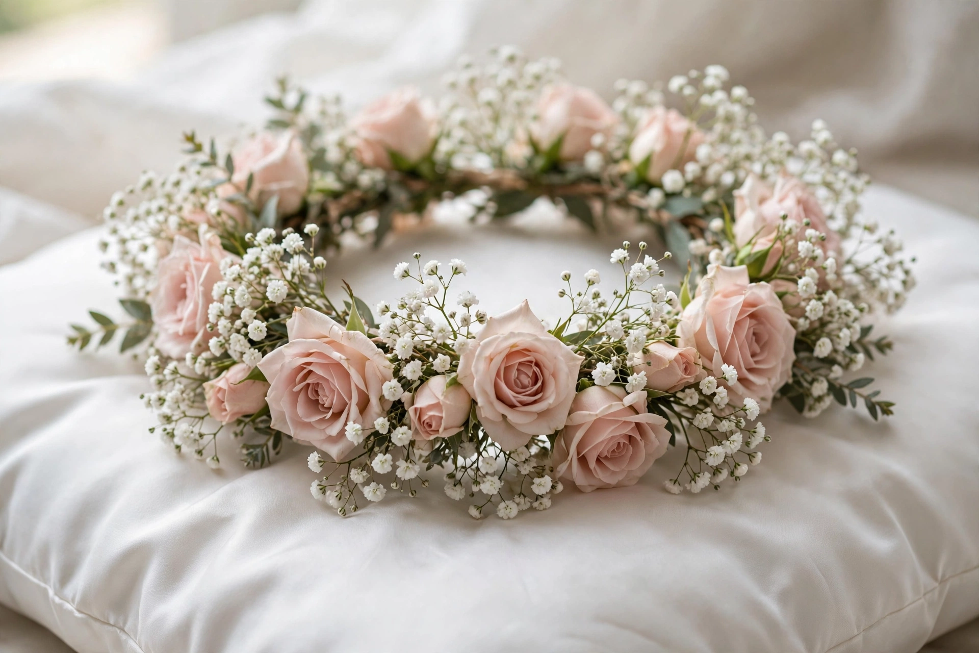 Delicate flower crown of blush roses and baby's breath for a wedding flower girl