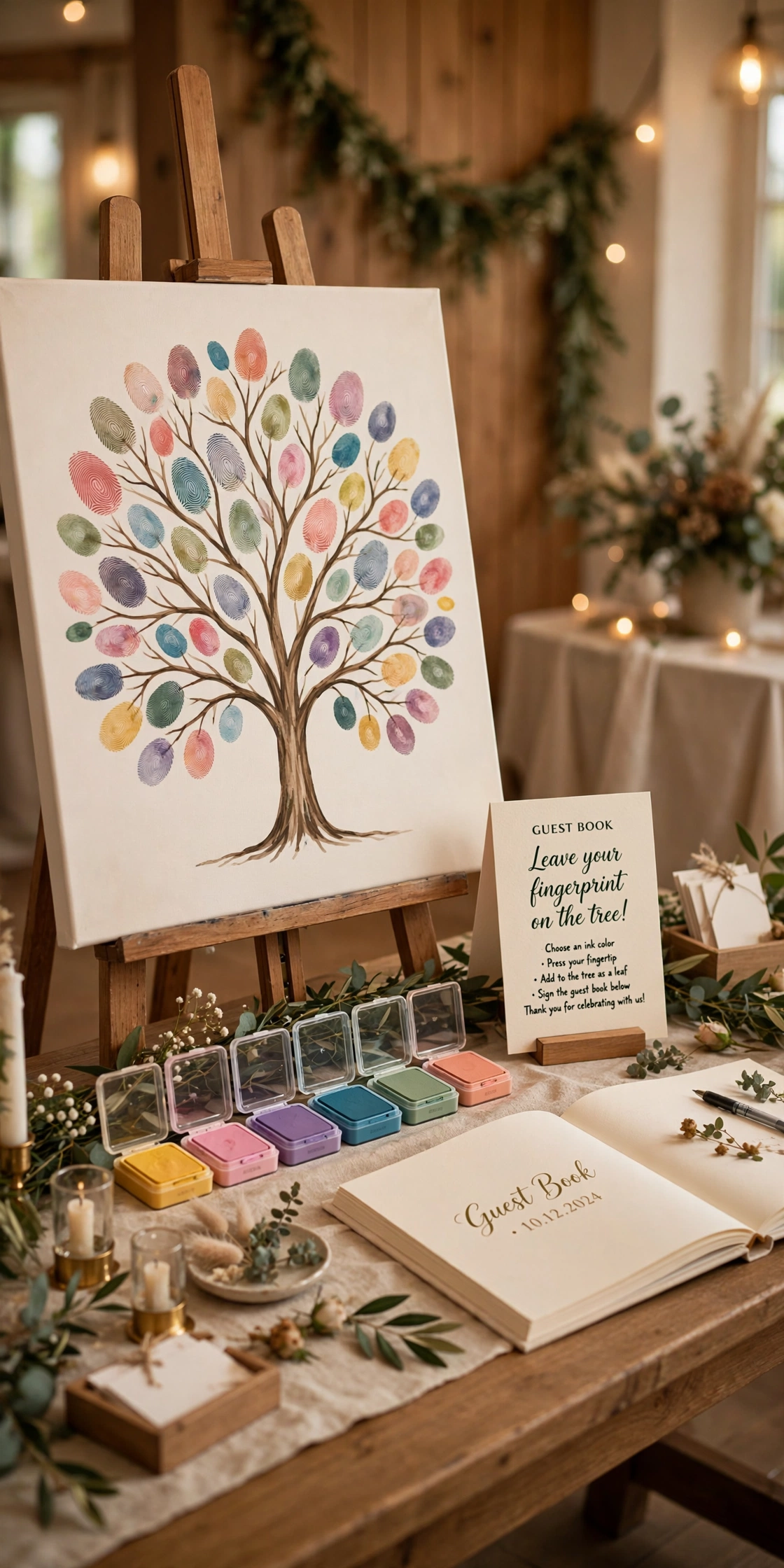 Wedding reception table with a fingerprint tree canvas guest book and colorful ink pads