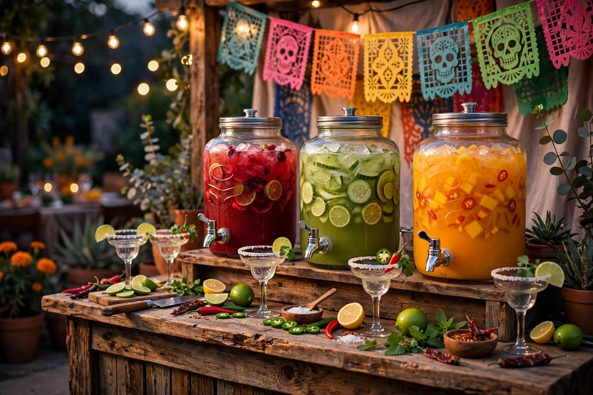 Fiesta margarita bar with colorful agua fresca dispensers, salt-rimmed glasses and papel picado