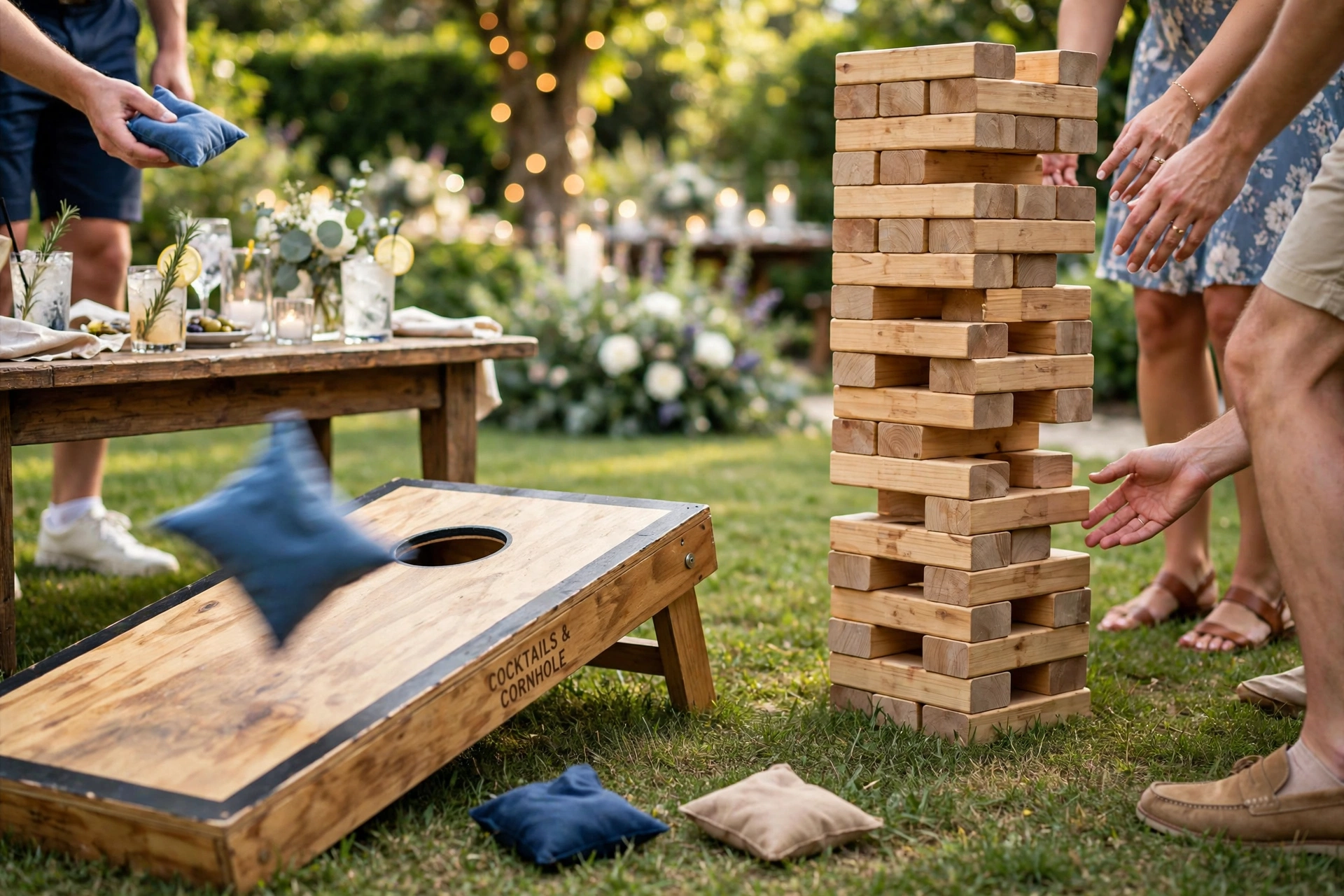 Wedding guests enjoying a lawn game tournament with cornhole boards and giant Jenga on a sunny lawn