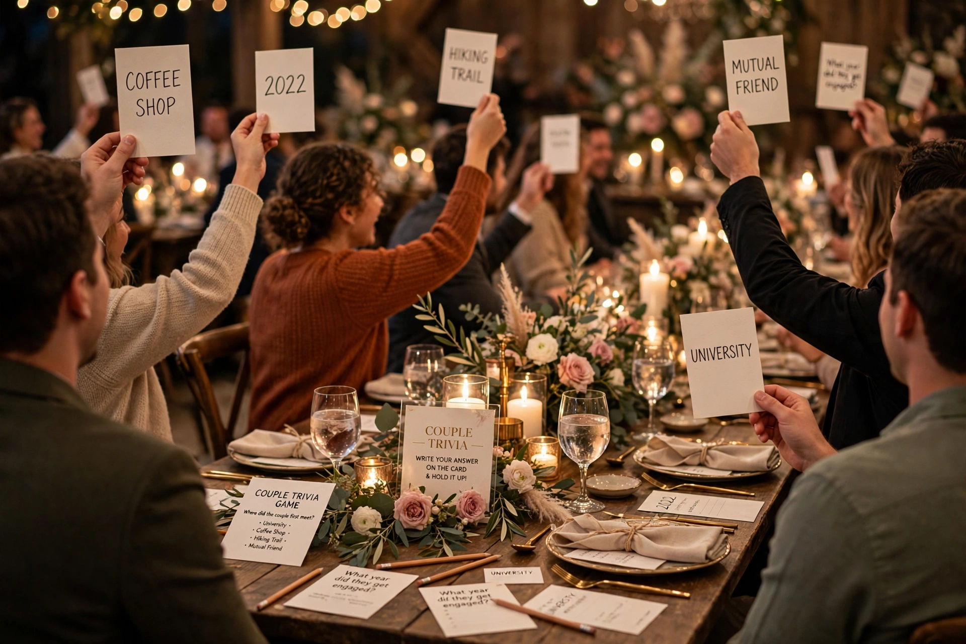 Wedding guests playing couple trivia with answer cards and laughter at decorated reception tables