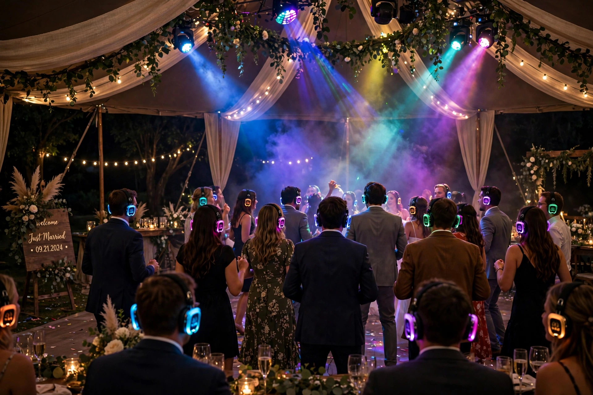 Wedding silent disco at night with guests wearing glowing headphones and dancing under colorful lights