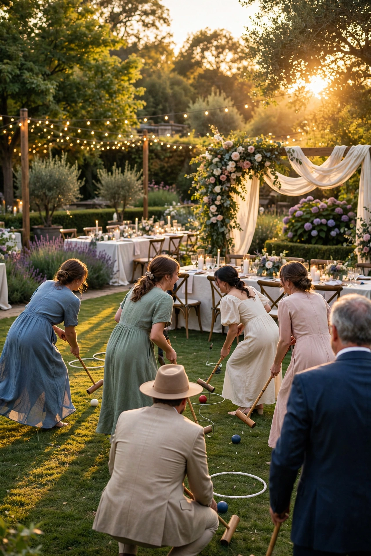 Golden hour wedding lawn games with guests playing croquet and laughing on a beautiful garden lawn