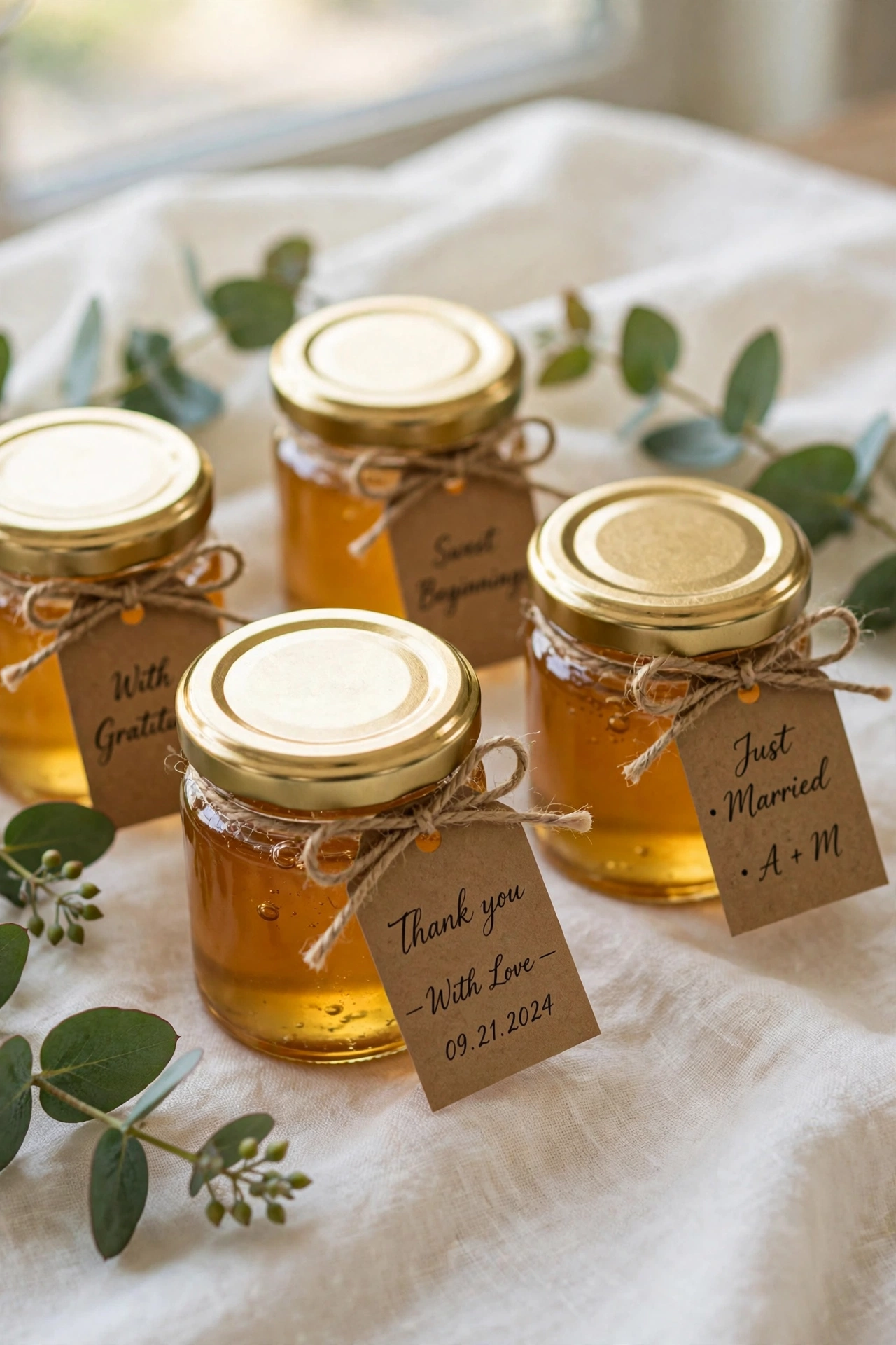 Small glass honey jars with gold lids and kraft tags as wedding favors