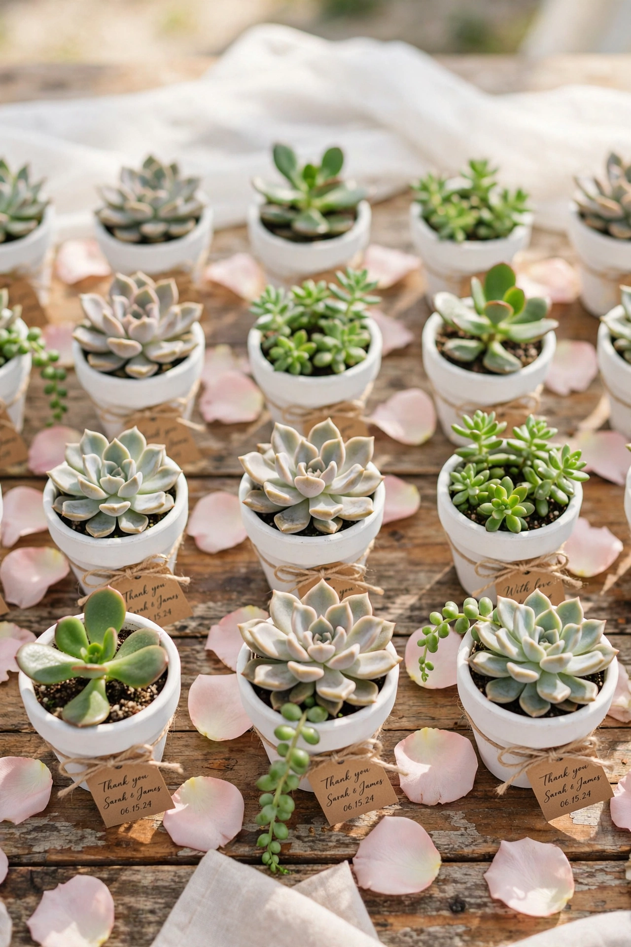 Mini potted succulents in white ceramic pots as wedding favors