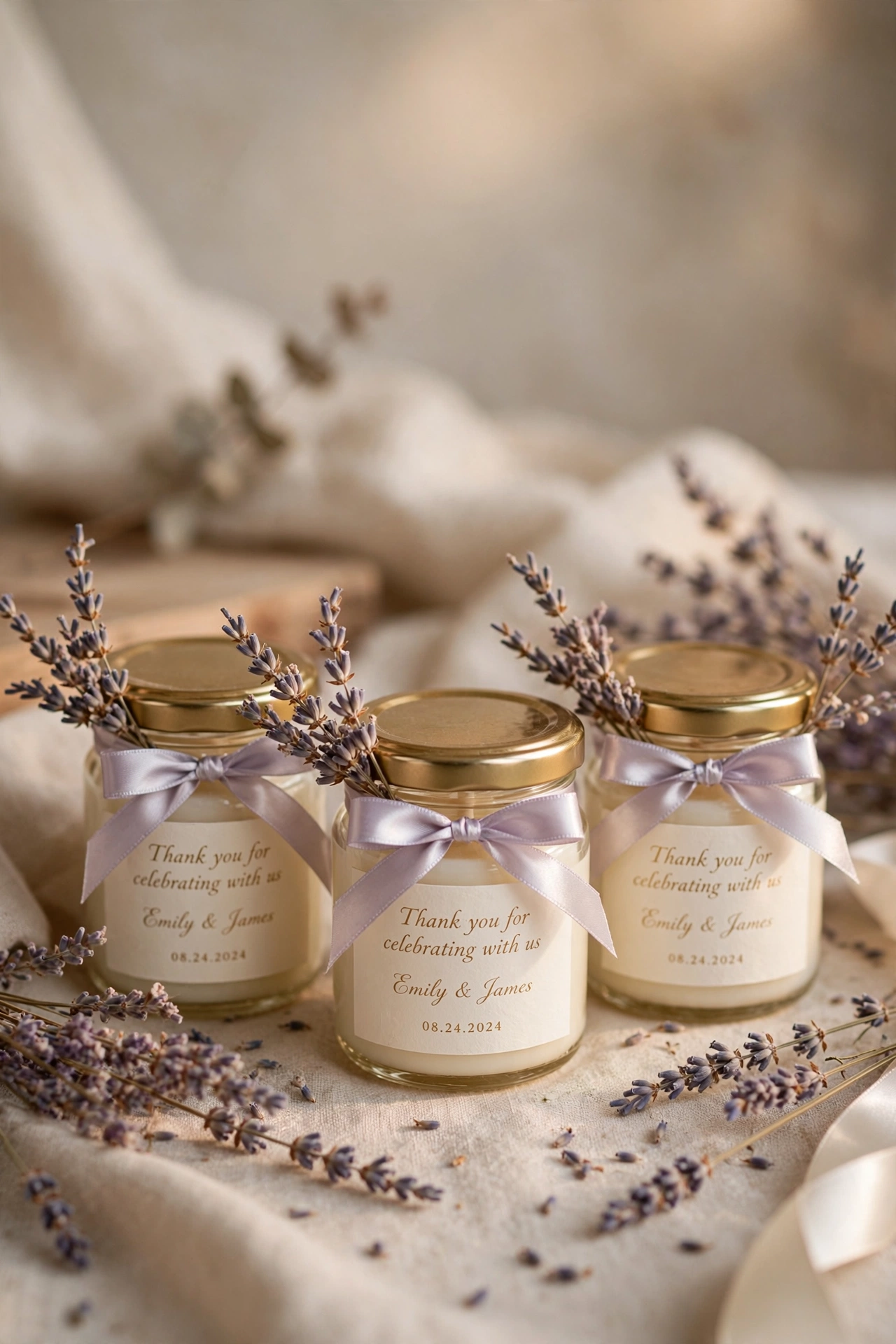 Personalized ivory soy candles in glass jars as wedding favors