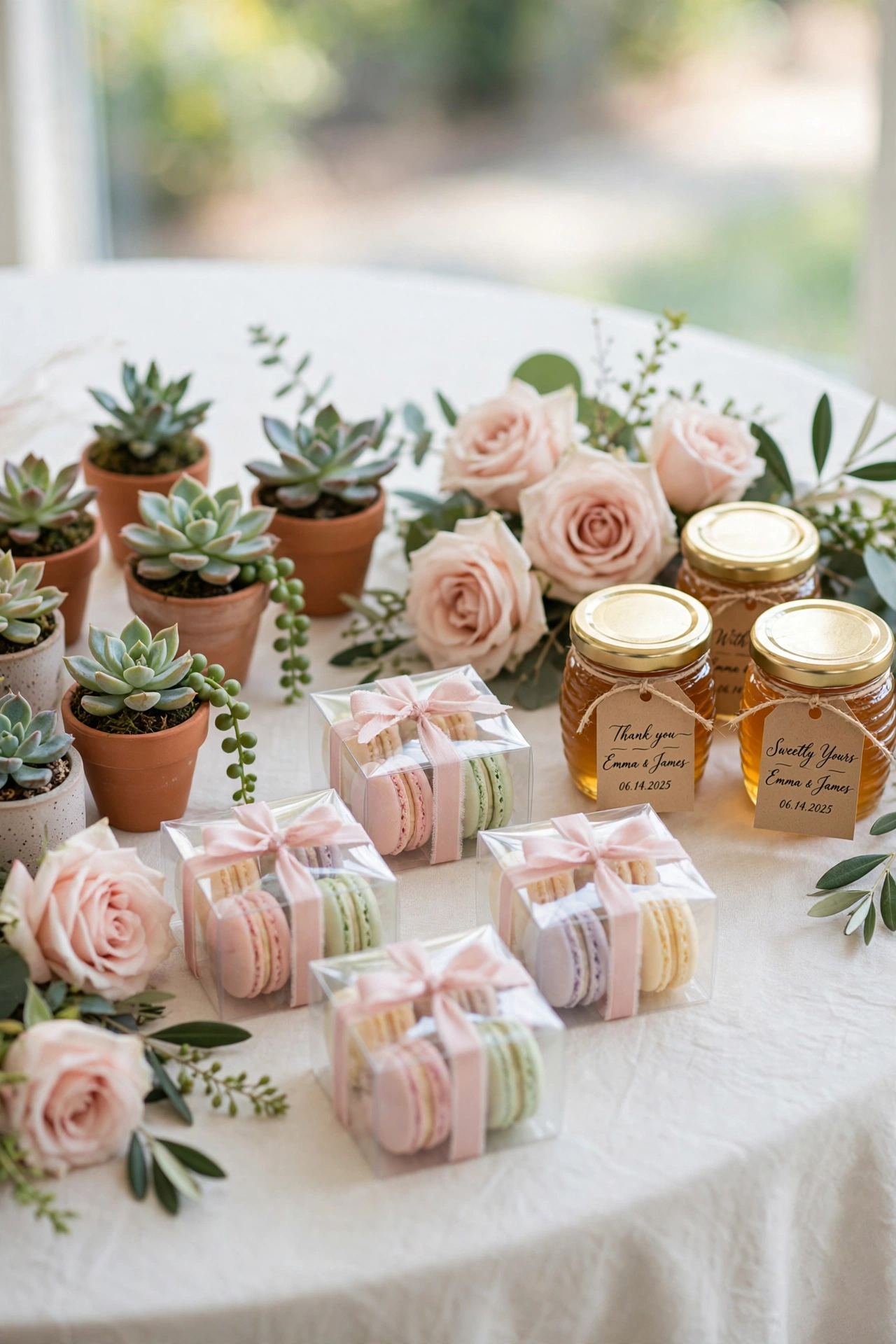 Elegant wedding favor table with pastel treats, mini plants and personalized gifts in soft daylight