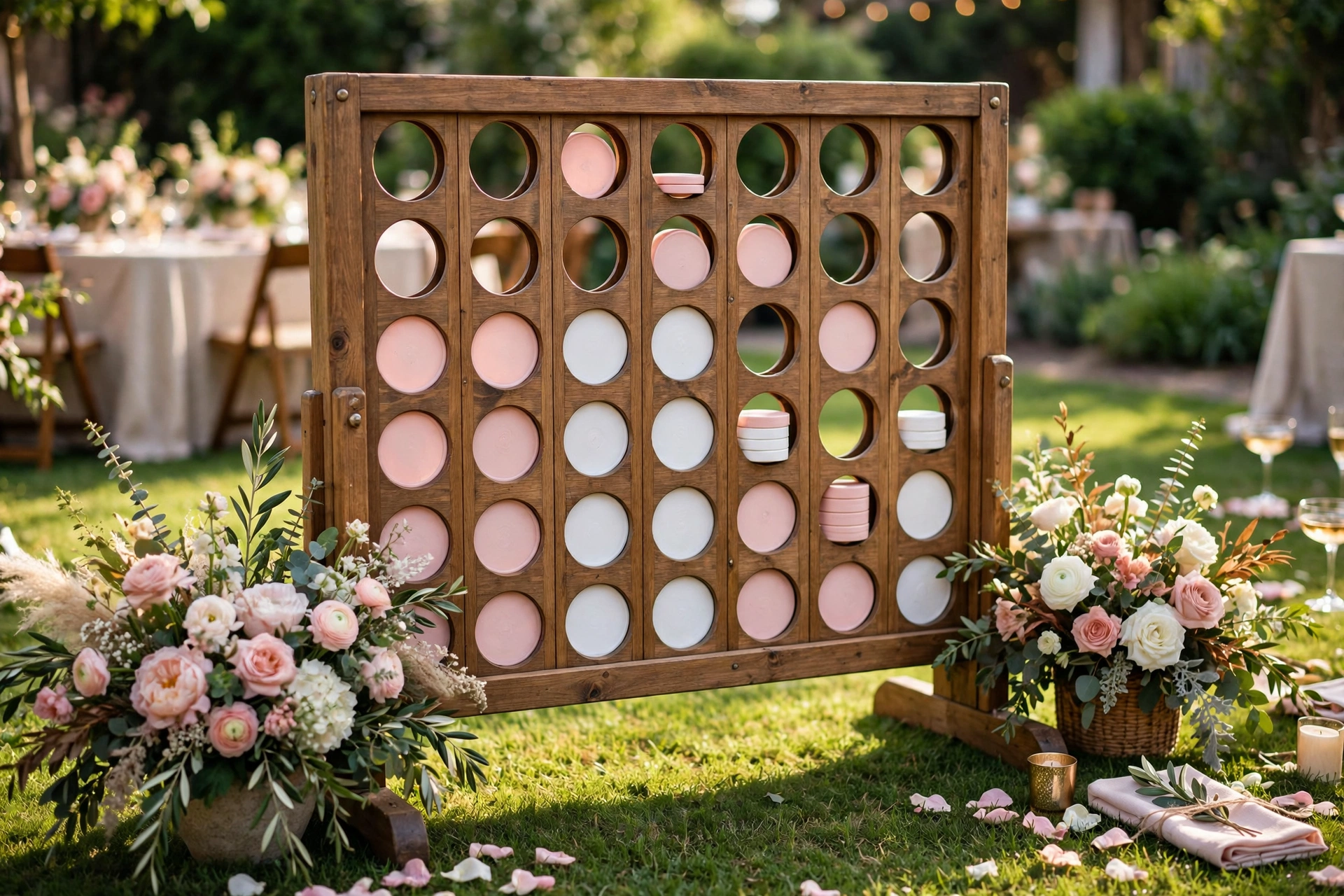Giant Connect Four game with blush pink and white discs at wedding cocktail hour