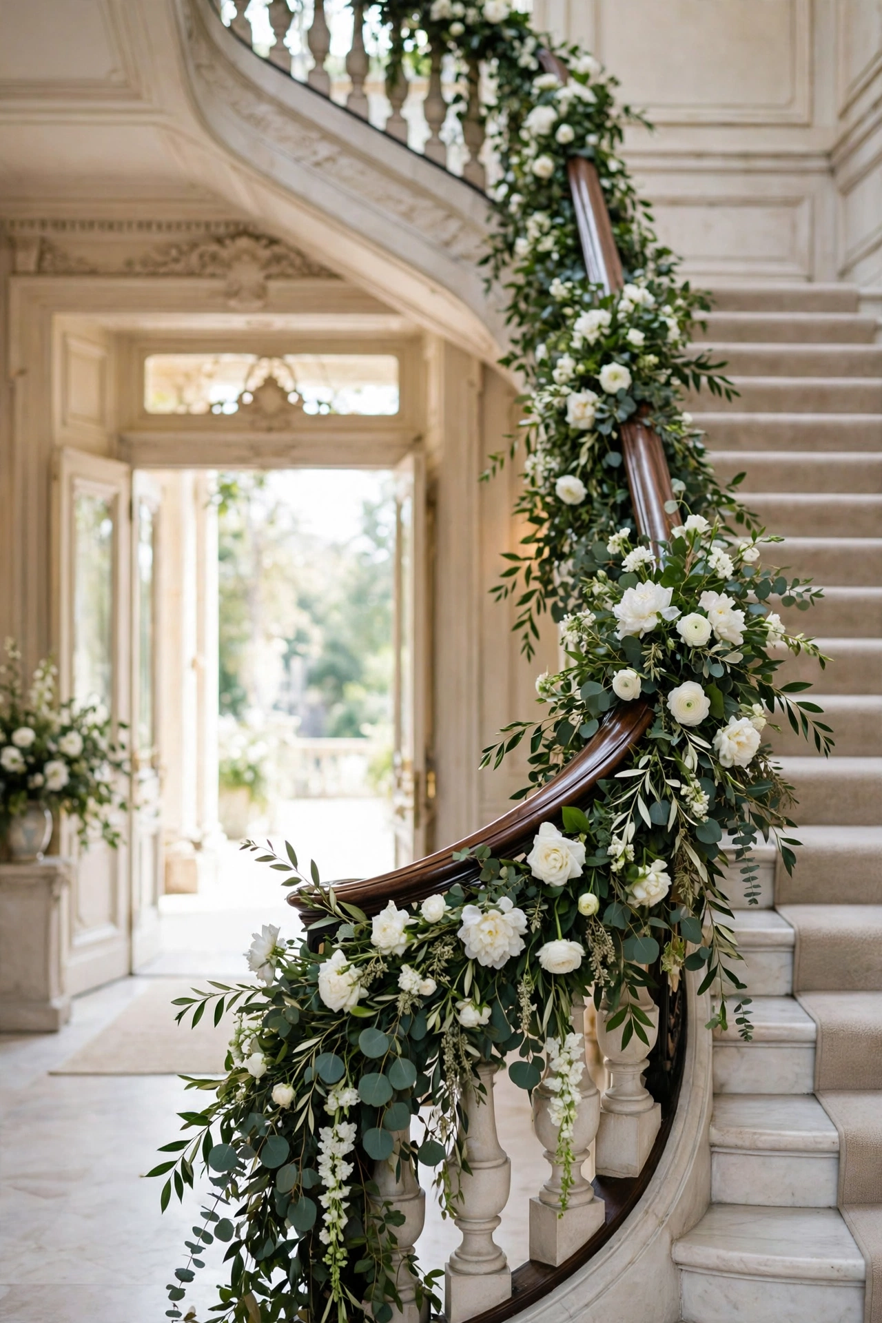 Grand staircase railing draped with lush greenery garland swags and white flowers at an elegant wedding venue